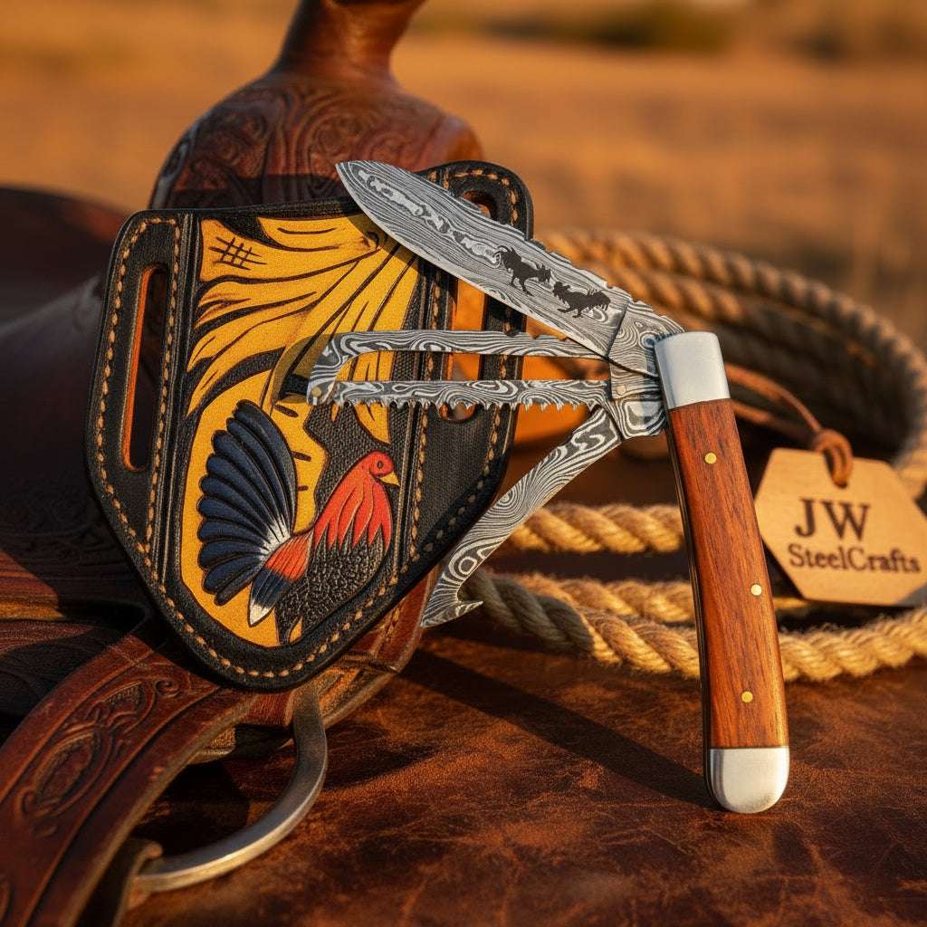 Palmarius Outdoors Rosewood Wolf Trail Trapper Folder Knife 7" Damascus Steel with Rosewood Handle Trapper Knives