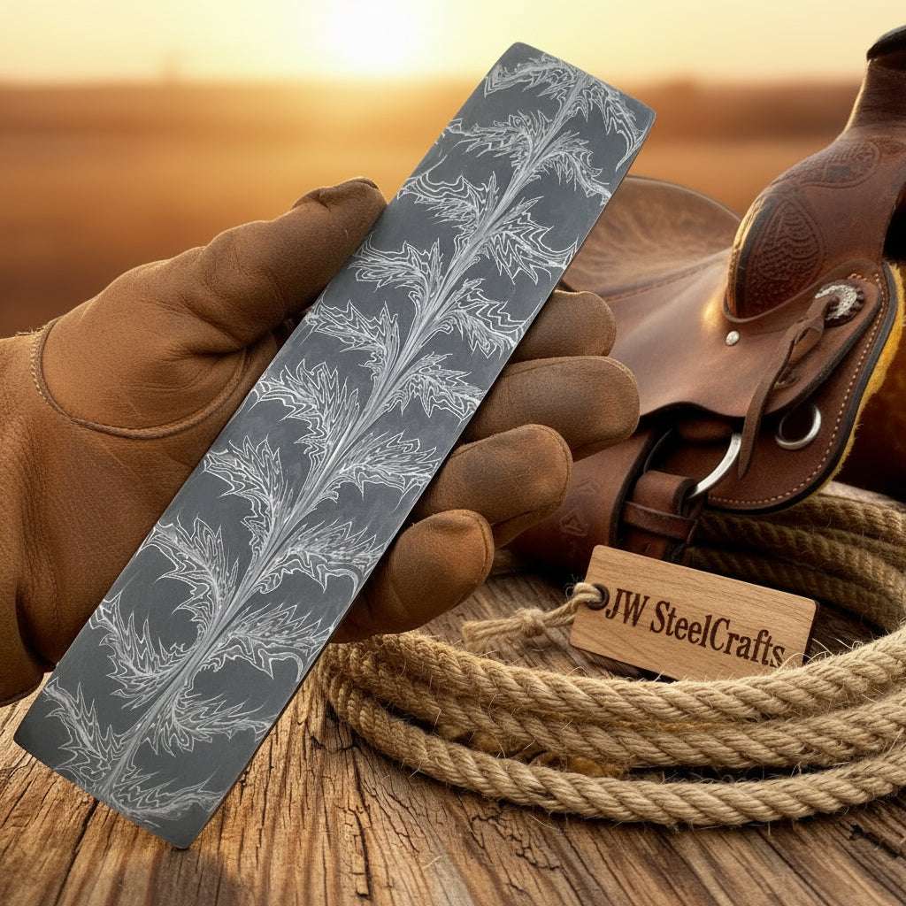 Palmarius Outdoors Frostleaf Damascus Billet 14" Handmade Feather Leaf Pattern Bullet bar