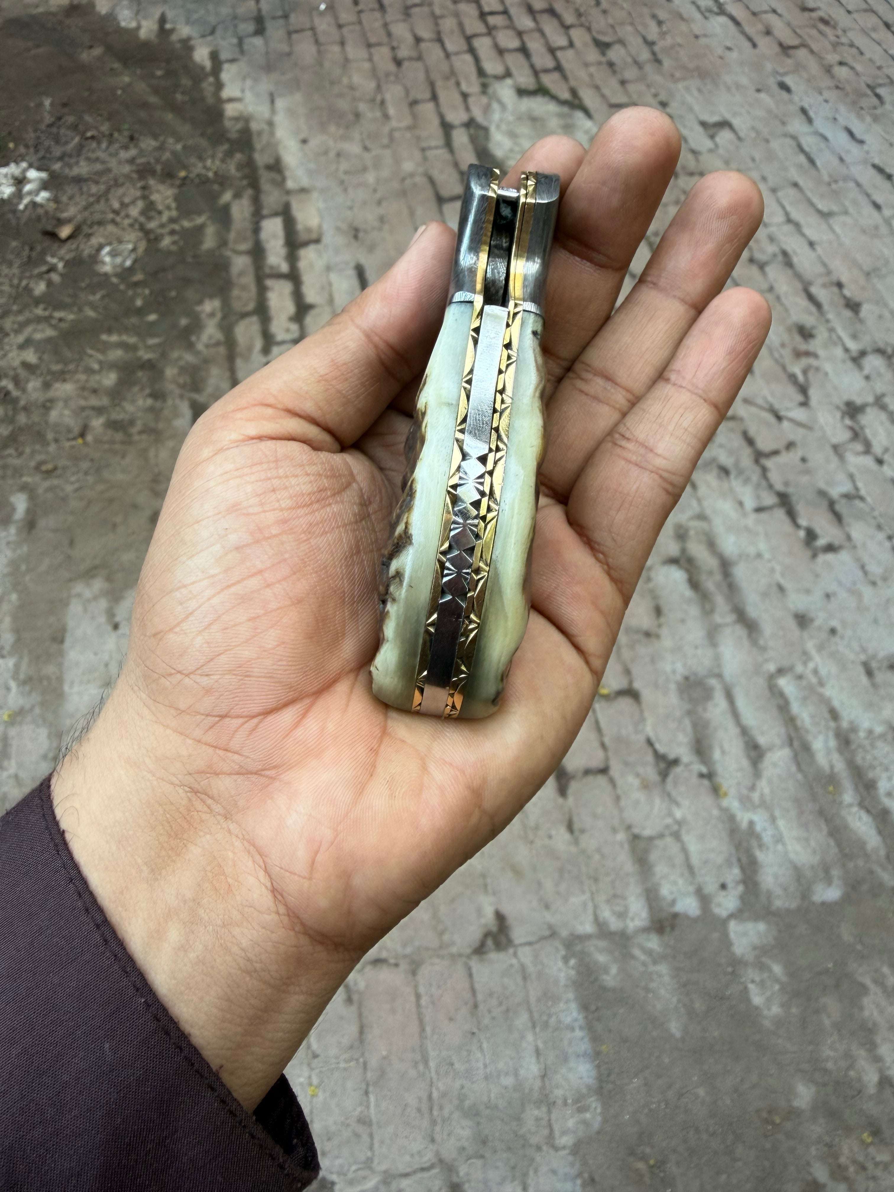 Palmarius Outdoors Pearlridge Damascus Folder 7" Handmade Mother of Pearl Lock Back Back Lock Folder