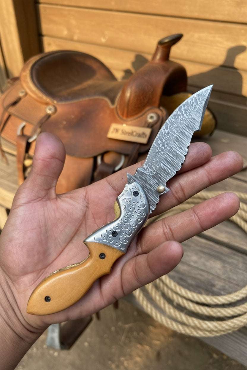 Palmarius Outdoors Honeywood Hawkbill Folder Knife 8" Handmade Wood Handle Damascus Blade Folding Knife