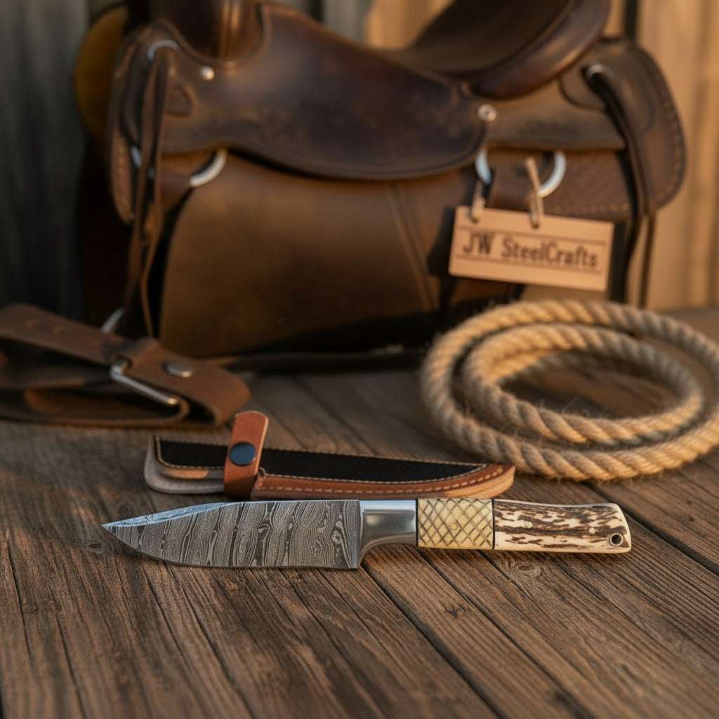 Palmarius Outdoors Frontier Stag Damascus Hunting Knife 9" Cross-Hatch Stag Horn Hunting Knife