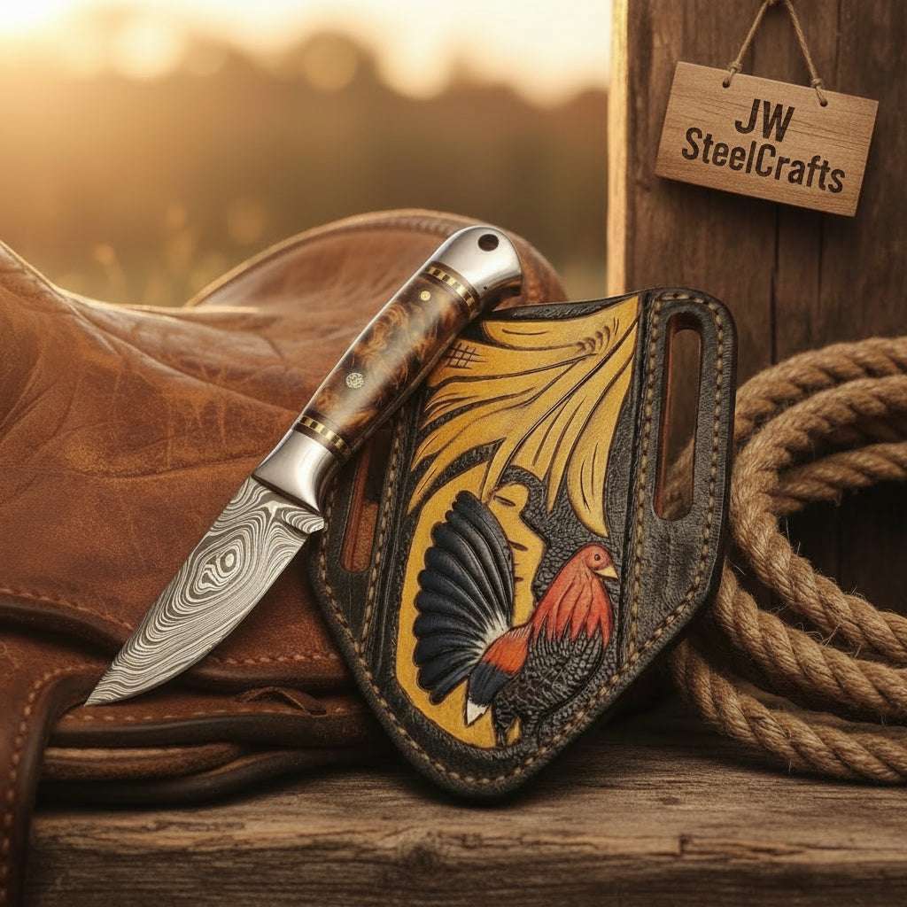Palmarius Outdoors Amber Burl Buckaroo Knife 7" Handmade Damascus Steel with wood handle 