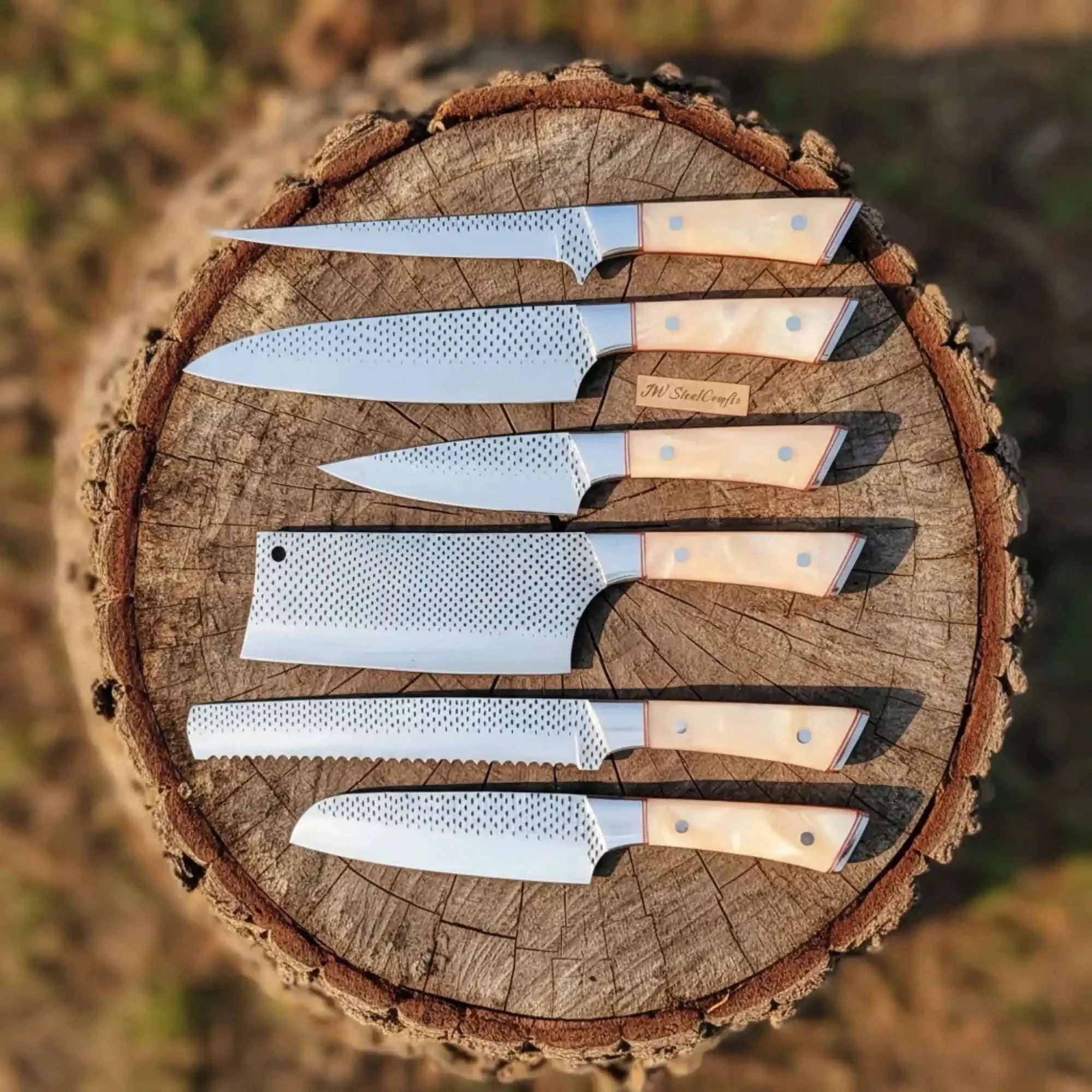 Palmarius Outdoors 6-Piece Rasp Steel Kitchen Knife Set — Dimple Textured Blades, Cream Resin Handles, Copper Bolsters & Steel Pommels Damascus Steel Kitchen Knife Set