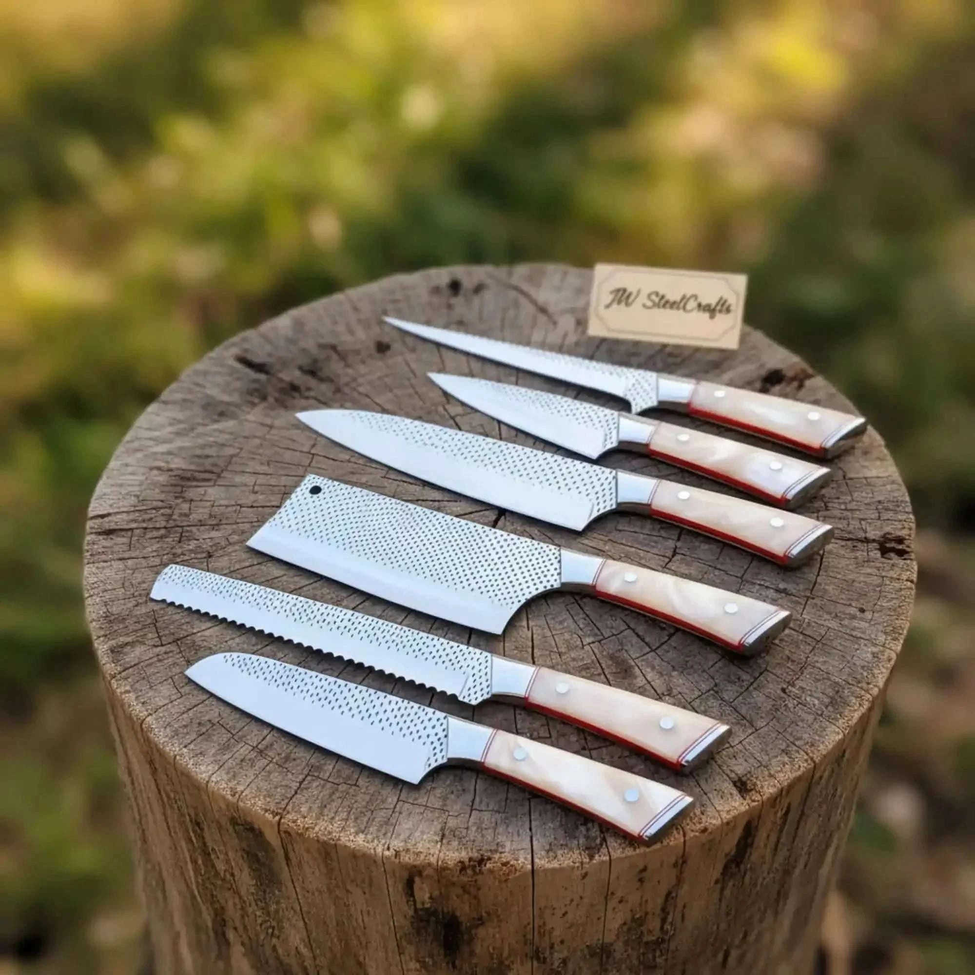 Palmarius Outdoors 6-Piece Rasp Steel Kitchen Knife Set — Dimple Textured Blades, Cream Resin Handles, Copper Bolsters & Steel Pommels Damascus Steel Kitchen Knife Set