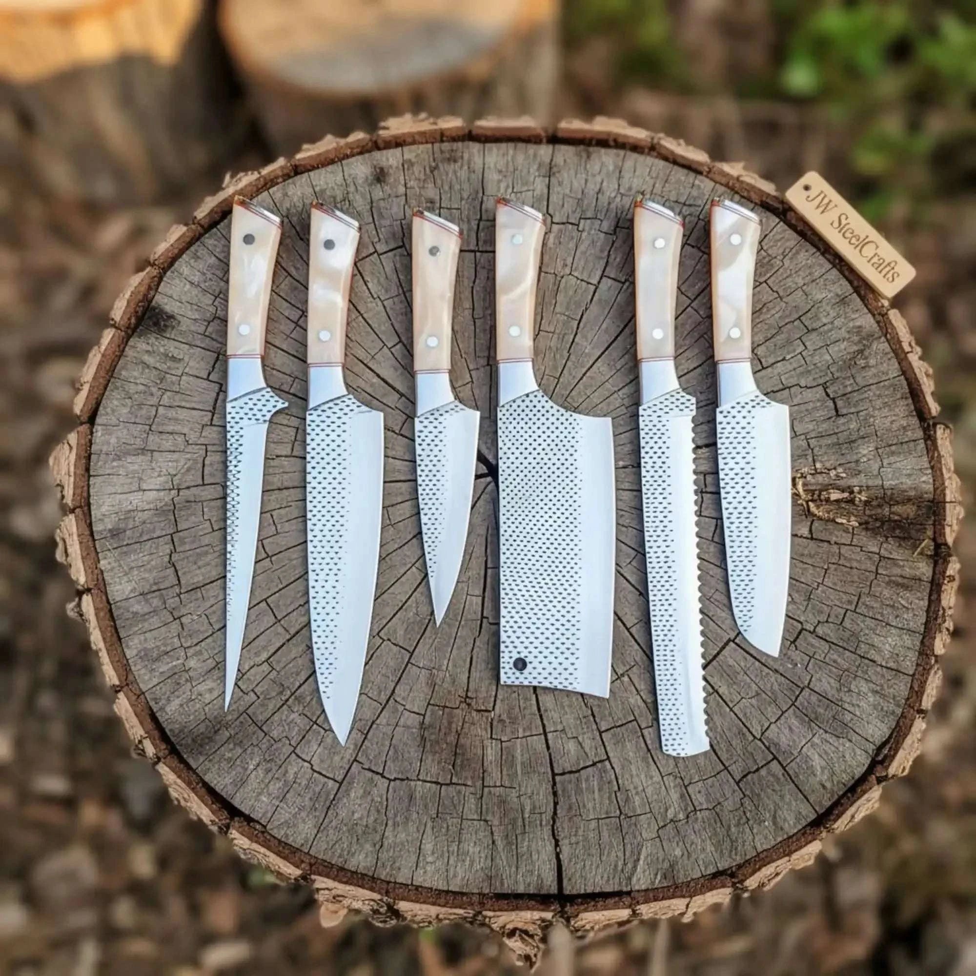 Palmarius Outdoors 6-Piece Rasp Steel Kitchen Knife Set — Dimple Textured Blades, Cream Resin Handles, Copper Bolsters & Steel Pommels Damascus Steel Kitchen Knife Set