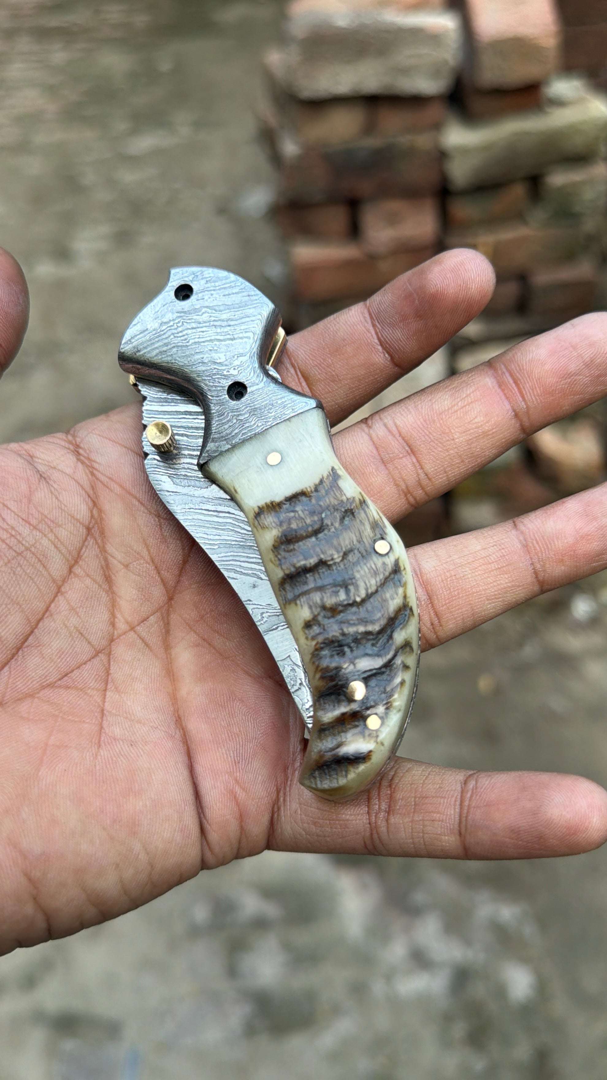 Palmarius Outdoors Pearlridge Damascus Folder 7" Handmade Mother of Pearl Lock Back Back Lock Folder