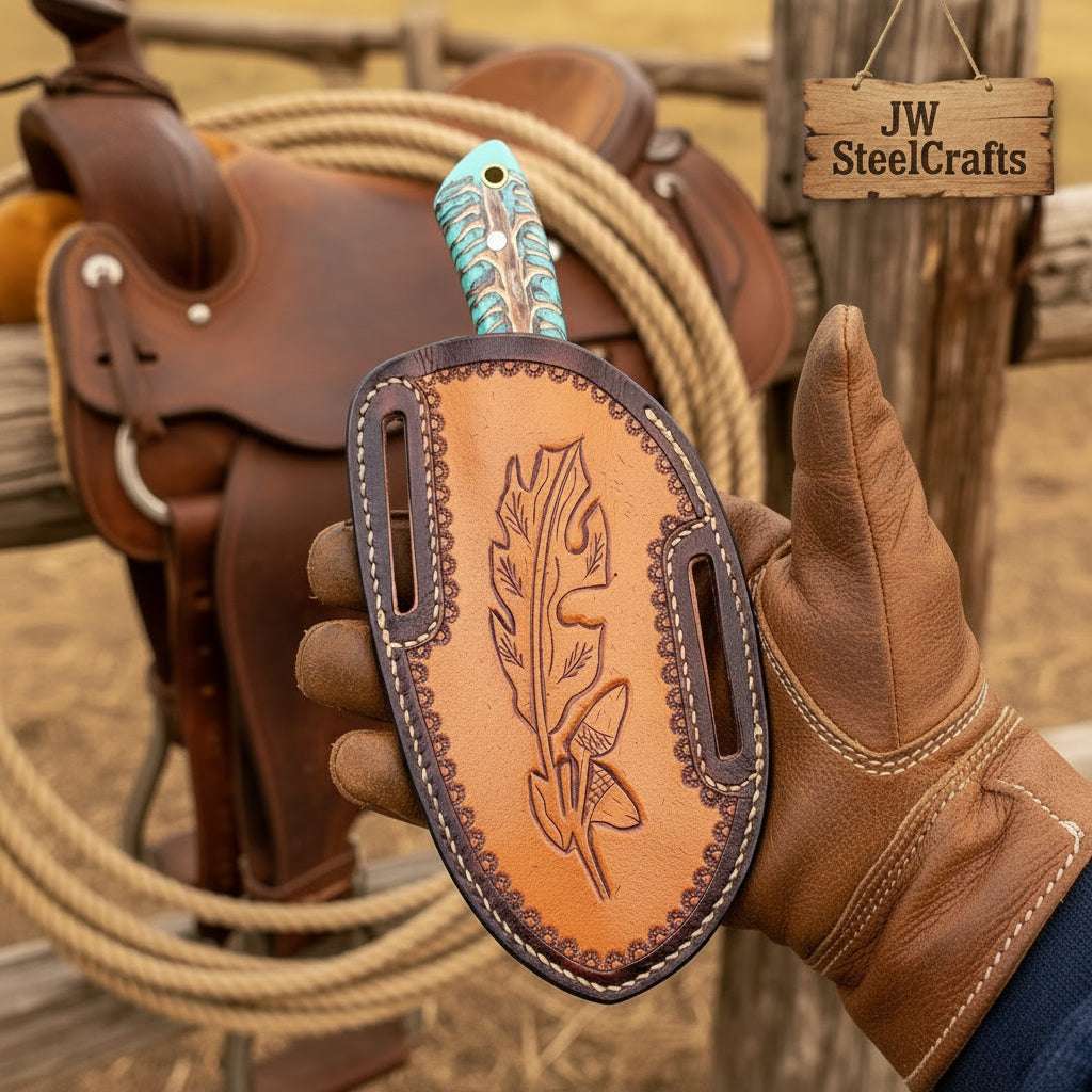 Palmarius Outdoors Turquoise Cowboy Silhouette Skinner Knife 7" Handmade Damascus Resin Handle Skinner Knife