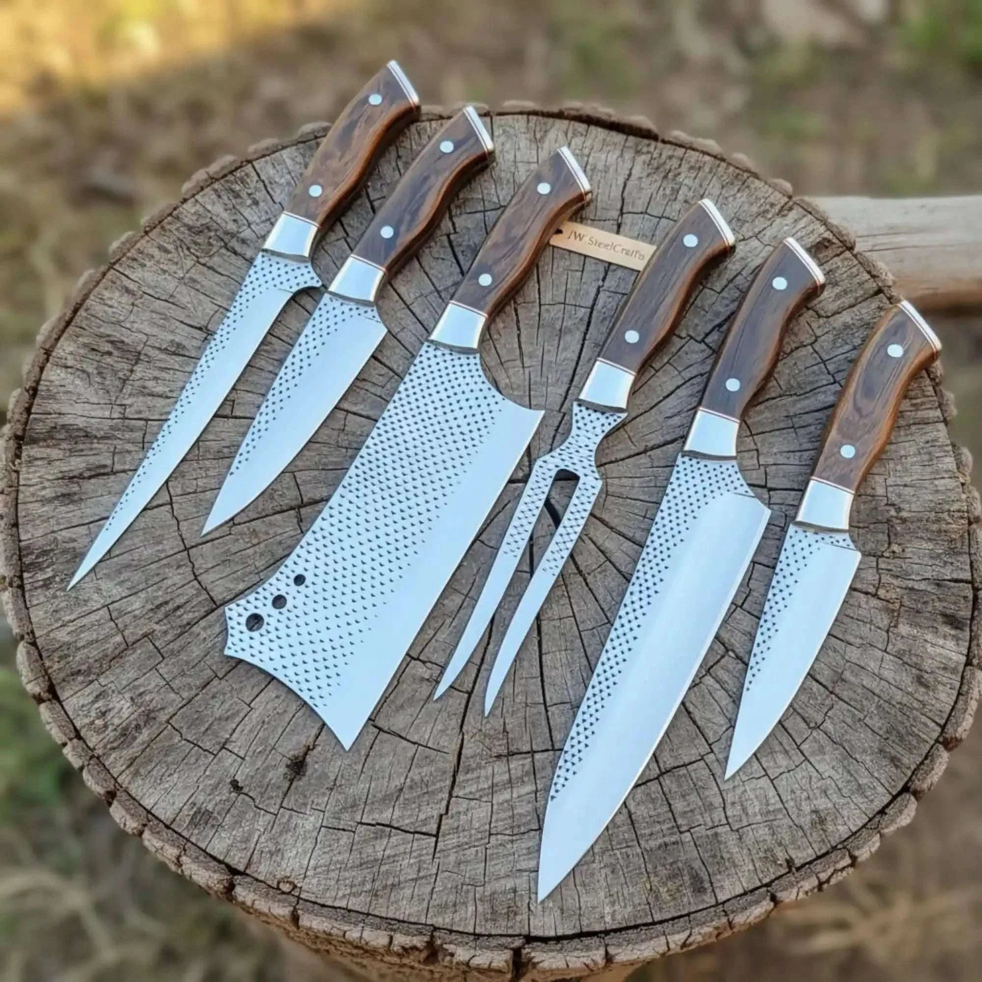 Palmarius Outdoors 6-Piece Rasp Steel Kitchen Knife Set with Carving Fork — Natural Wood Red Spacer Handles, Steel Bolsters, 7 to 13 Inch Damascus Steel Kitchen Knife Set