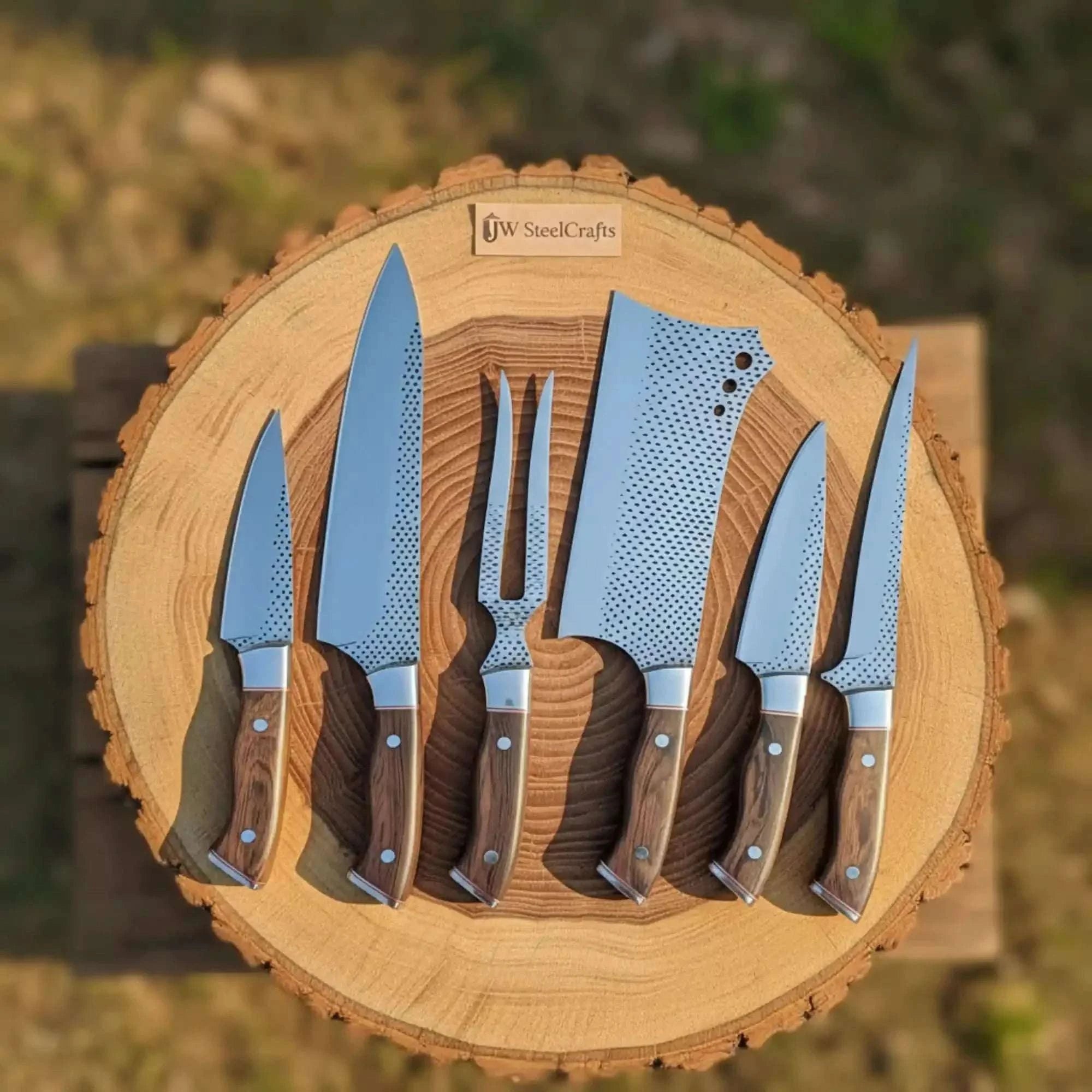 Palmarius Outdoors 6-Piece Rasp Steel Kitchen Knife Set with Carving Fork — Natural Wood Red Spacer Handles, Steel Bolsters, 7 to 13 Inch Damascus Steel Kitchen Knife Set