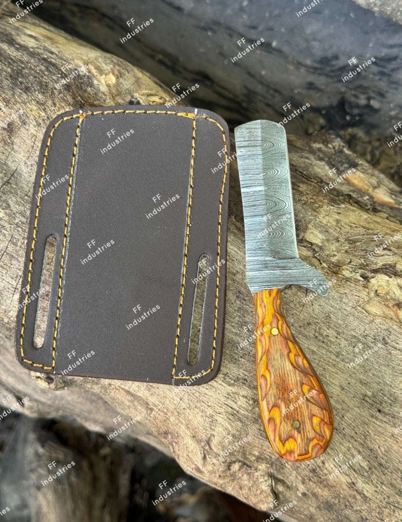 Palmarius Outdoors Painted Feather Bull Cutter Knife 7" Handmade Damascus Amber Resin Handle Bull Cutter Knives Set