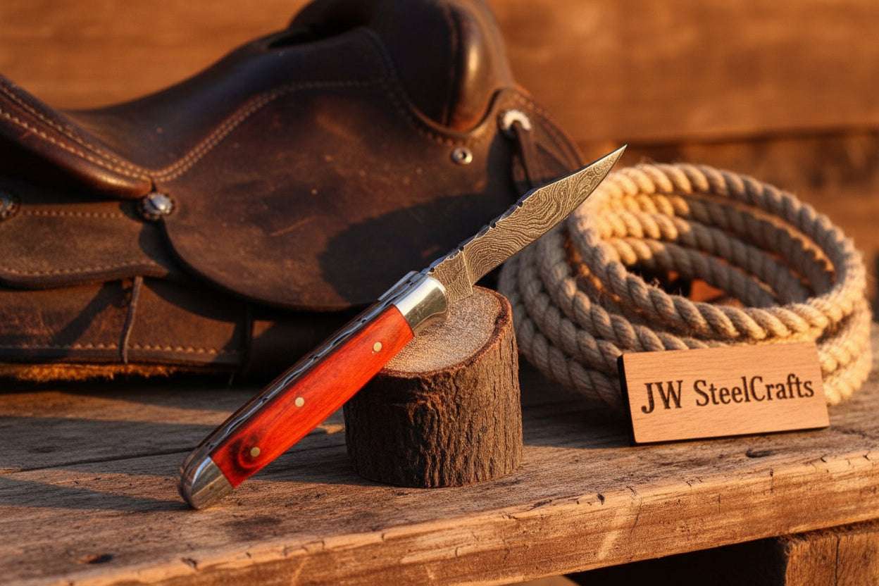 Palmarius Outdoors Redsaddle Folding Knife 7" Handmade Damascus Steel Pocket Knife Folding Knife