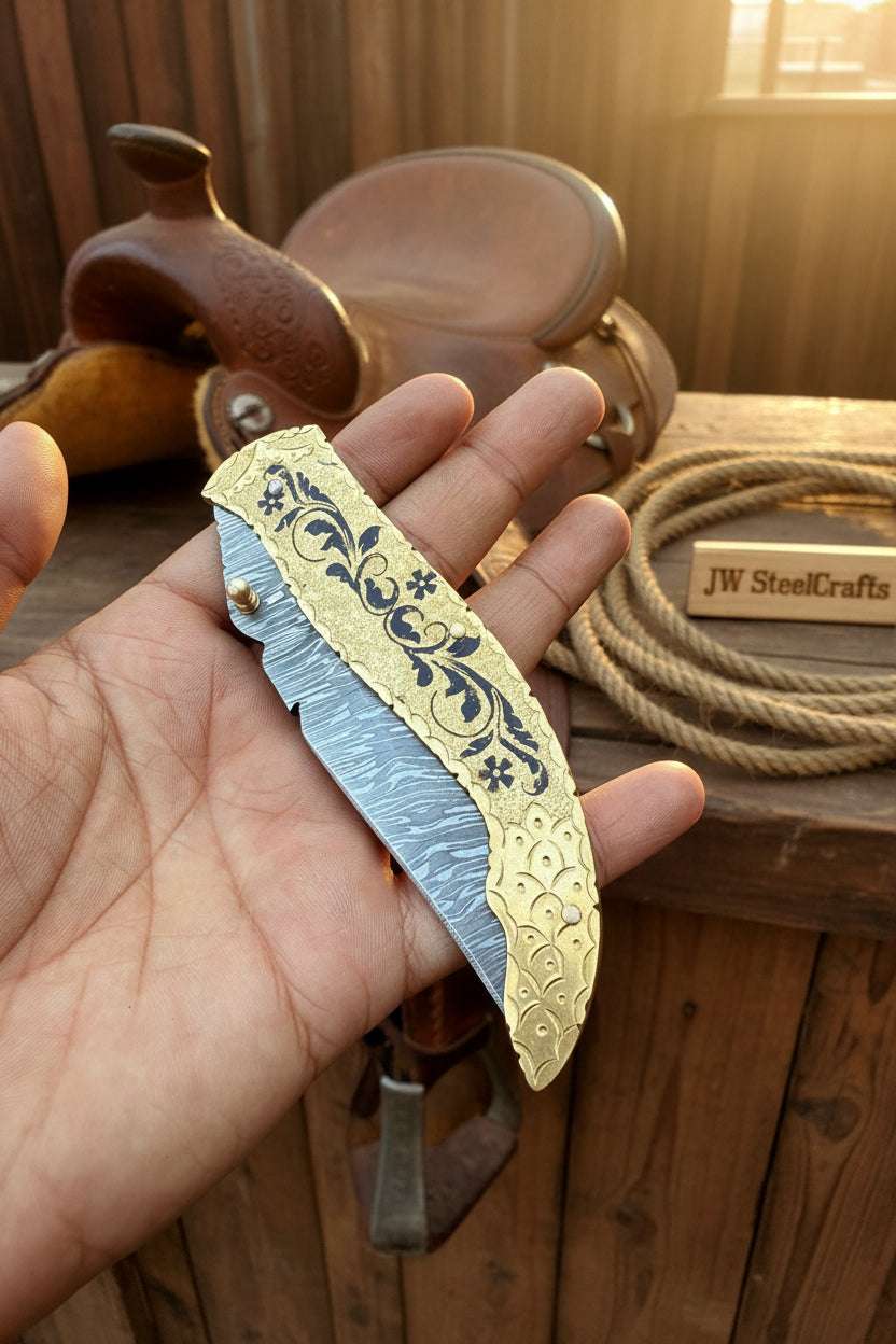 Palmarius Outdoors Calligraphy Engraved Brass Folder Knife 10" Handmade Damascus Blade Back Lock Folder
