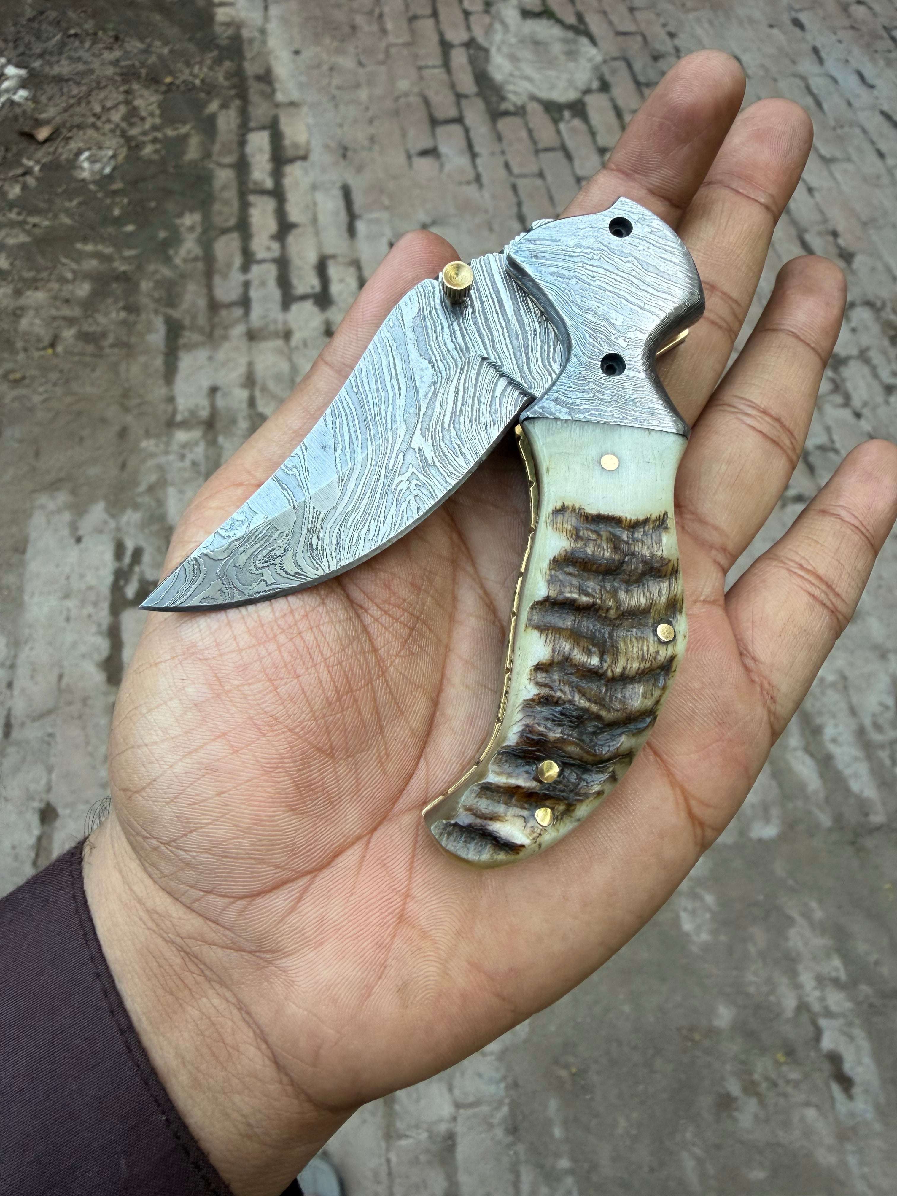 Palmarius Outdoors Pearlridge Damascus Folder 7" Handmade Mother of Pearl Lock Back Back Lock Folder