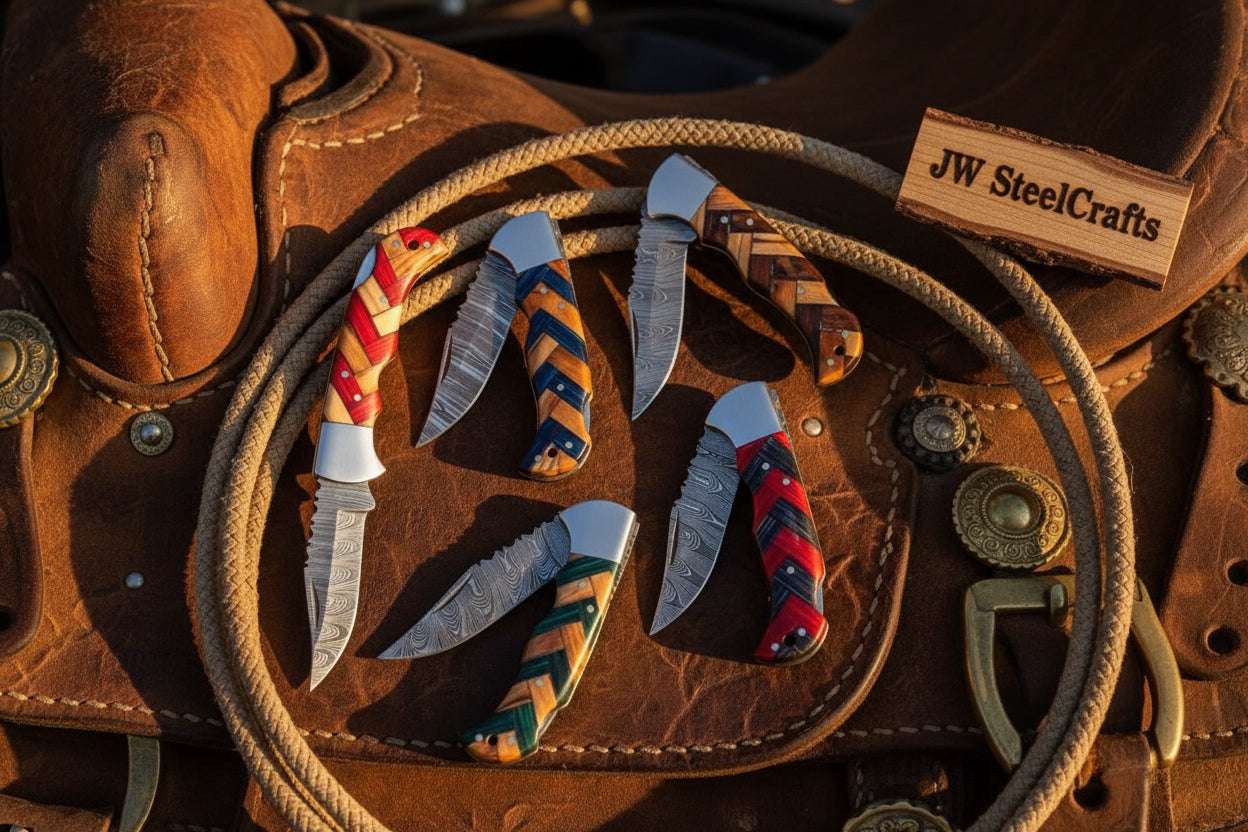 Palmarius Outdoors Wovencord Pocket Knife Set 8.5" Handmade Set of 5 Damascus Steel Blades Folding Knife