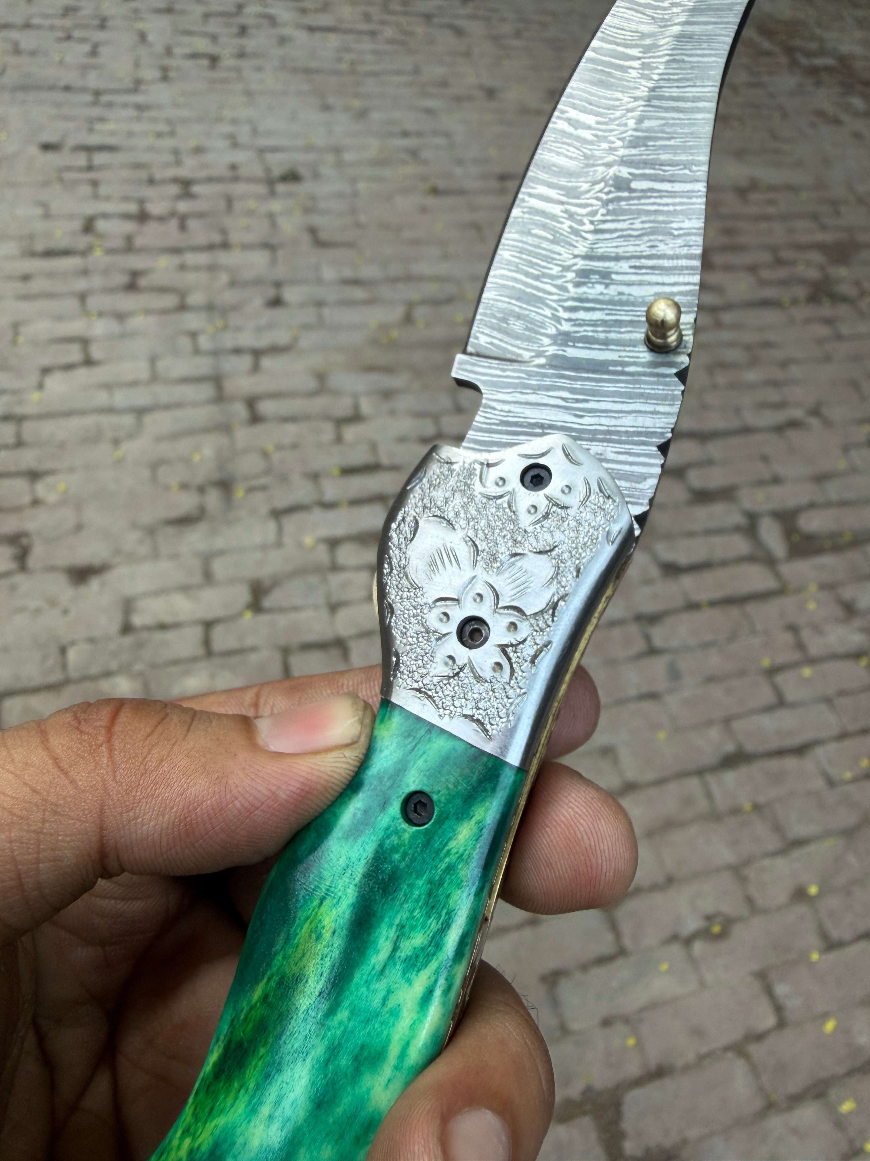 Palmarius Outdoors Jadeline Damascus Folder 7" Handmade Turquoise-Green Resin Handle Folding Knife