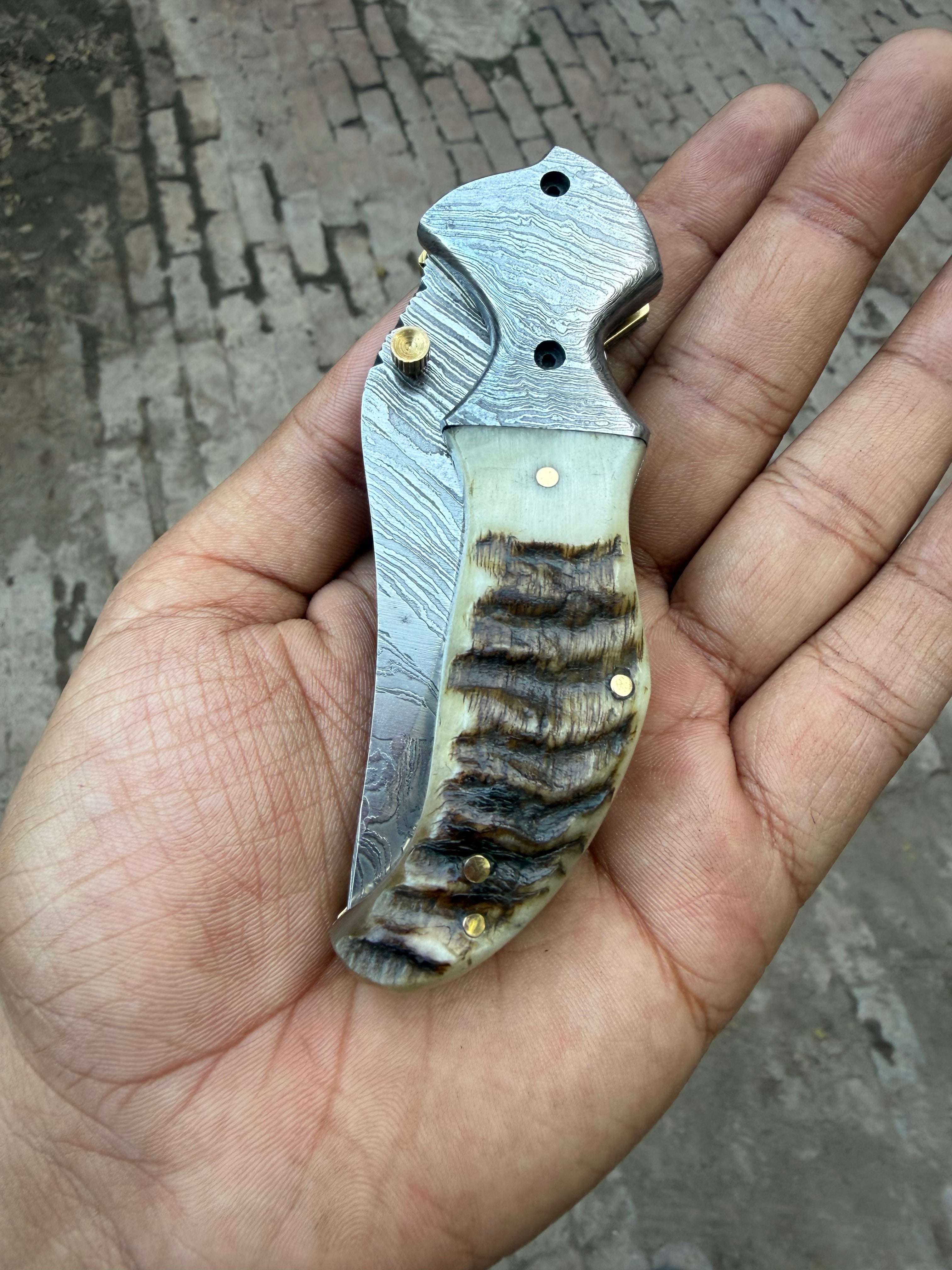 Palmarius Outdoors Pearlridge Damascus Folder 7" Handmade Mother of Pearl Lock Back Back Lock Folder