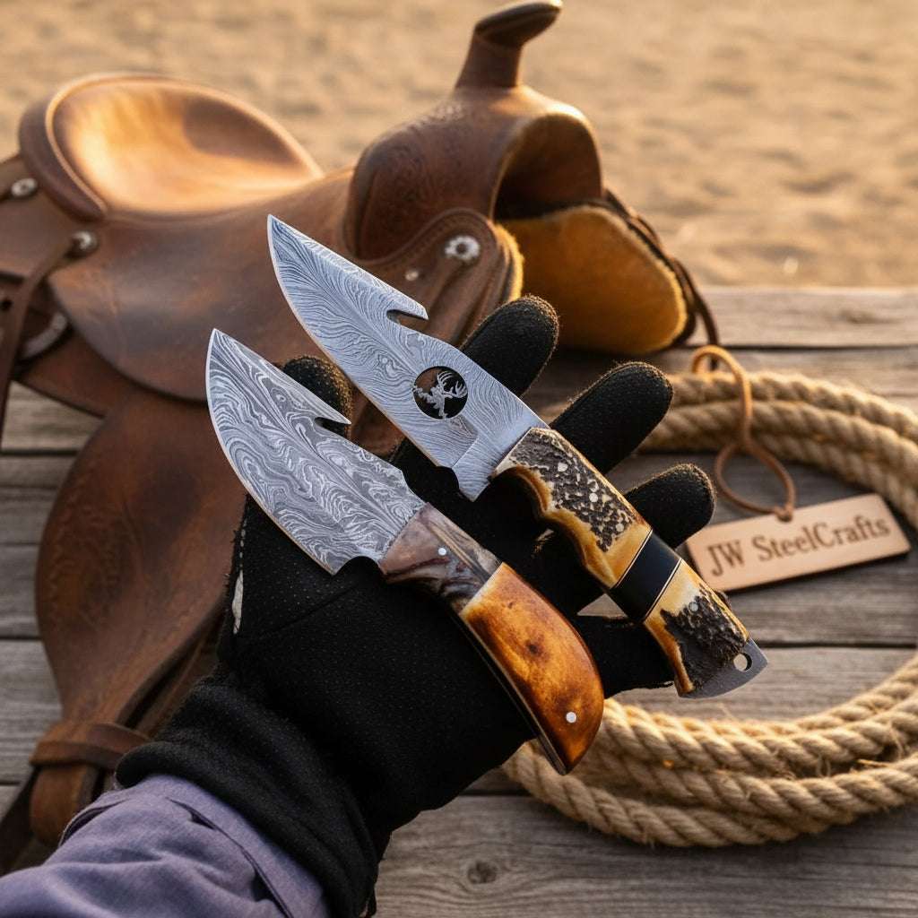 Palmarius Outdoors Fielddraw Gut Hook Knife 8" Handmade Damascus Stag Bone Handle Handmade Gut Hook Knives