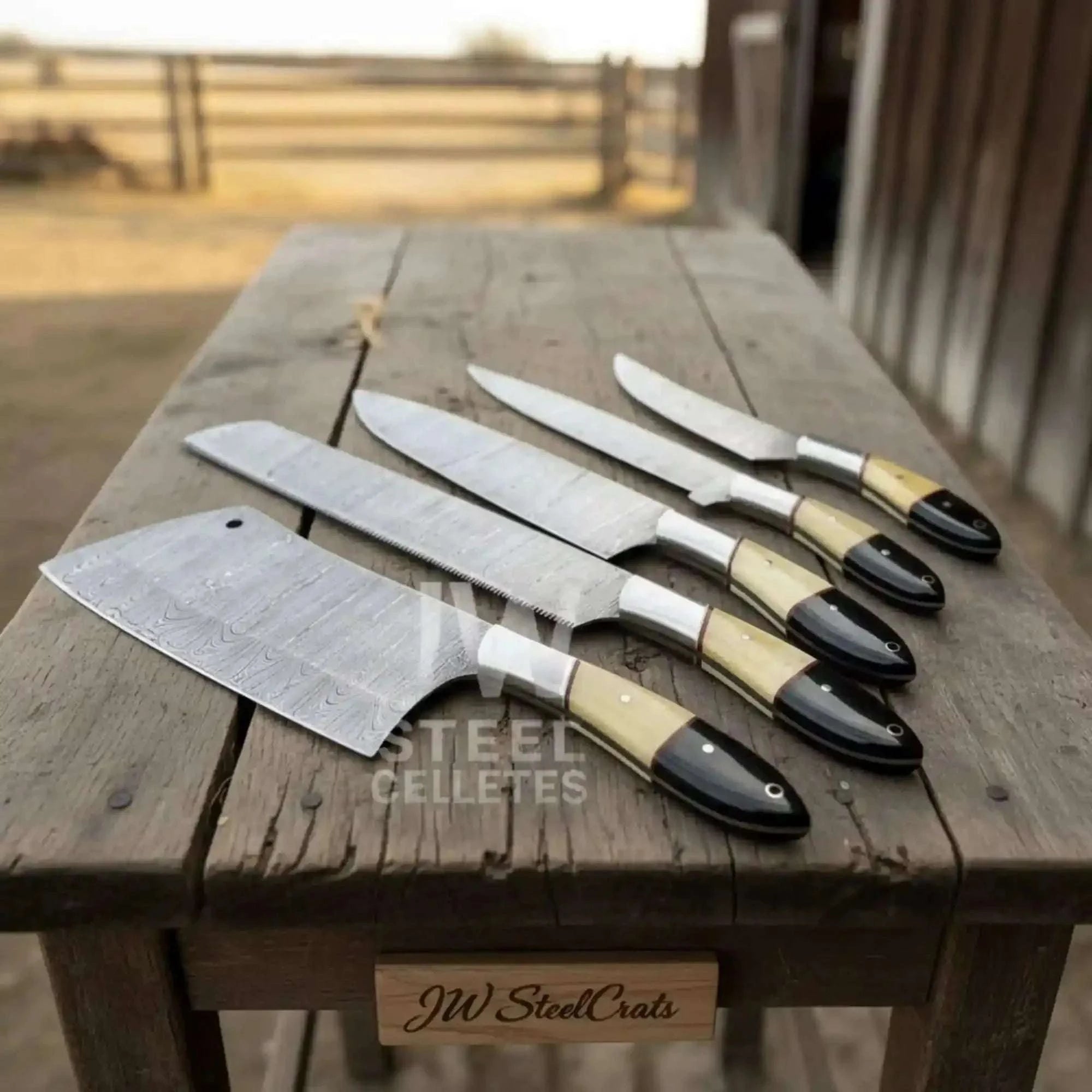Palmarius Outdoors 5-Piece Damascus Chef Knife Set – Camel Bone and Black Micarta Handles Handmade Chef Knife Sets