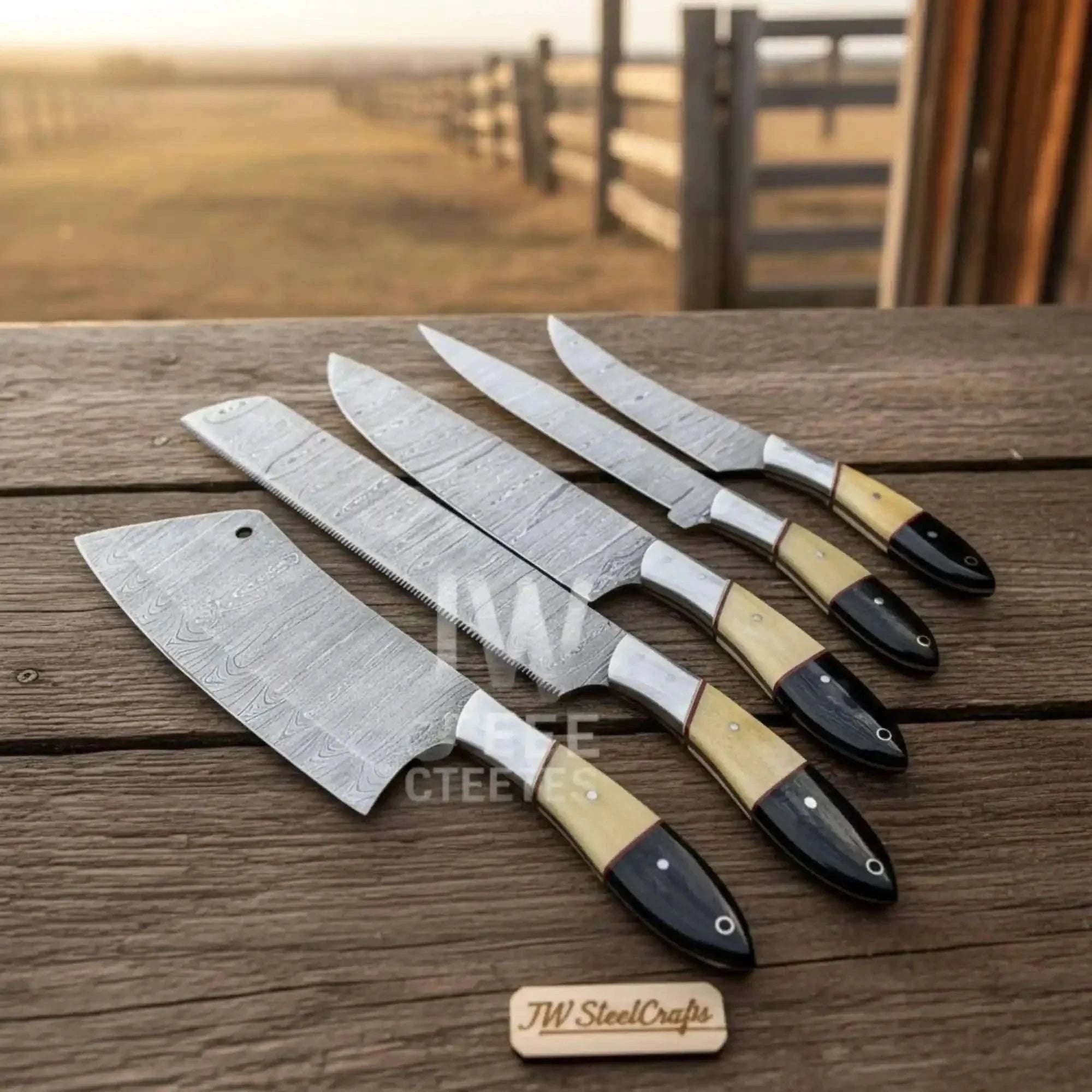 Palmarius Outdoors 5-Piece Handmade Damascus Chef Knife Set with Wood and Resin Handles Handmade Chef Knife Sets