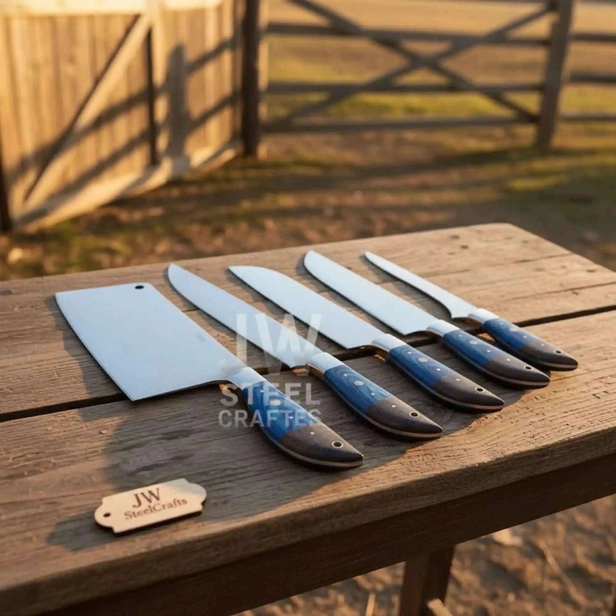 Palmarius Outdoors Blue Wood Damascus Chef Knife Set: 5-Piece Handmade Collection Handmade Chef Knife Sets