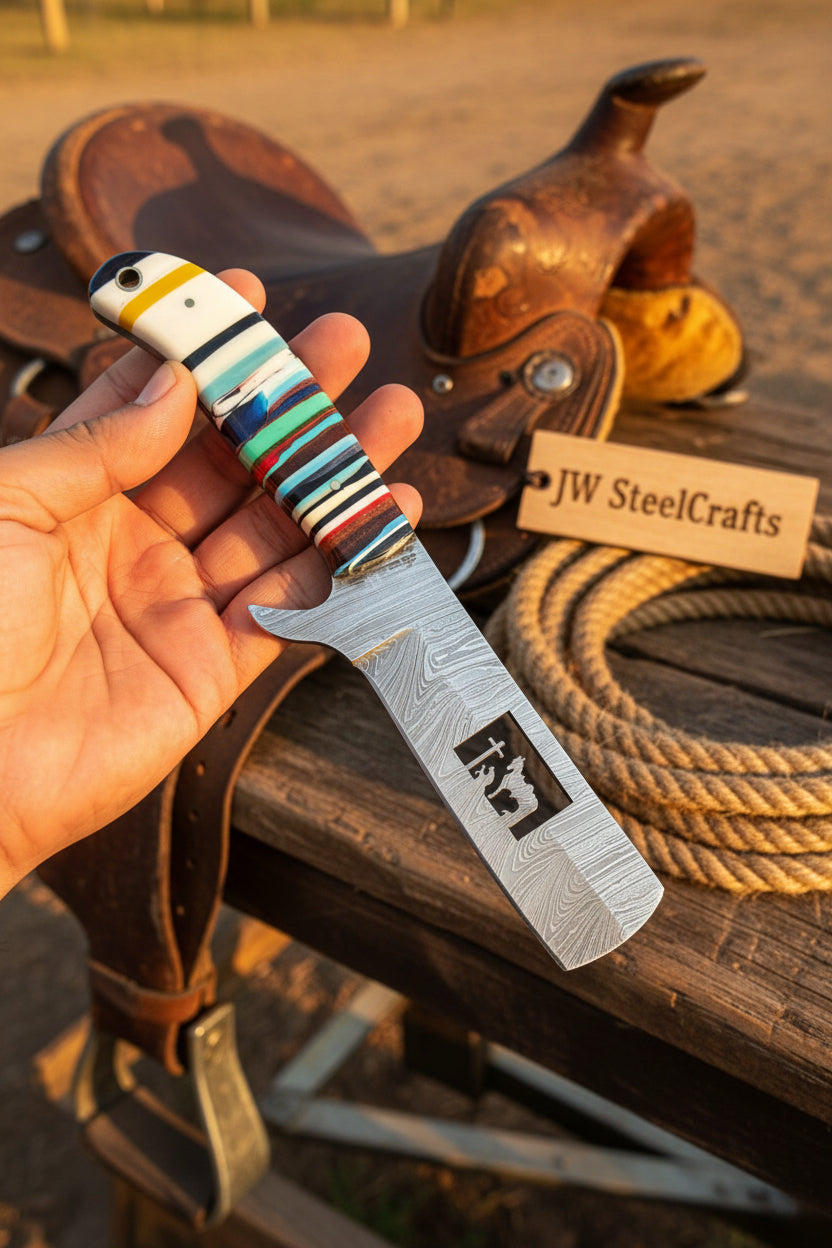 Damascus Bull Cutter Knife — Multi-Color Rainbow Resin Handle, Christian Cross Blade Engraving, Steel Bolster & Lanyard Hole