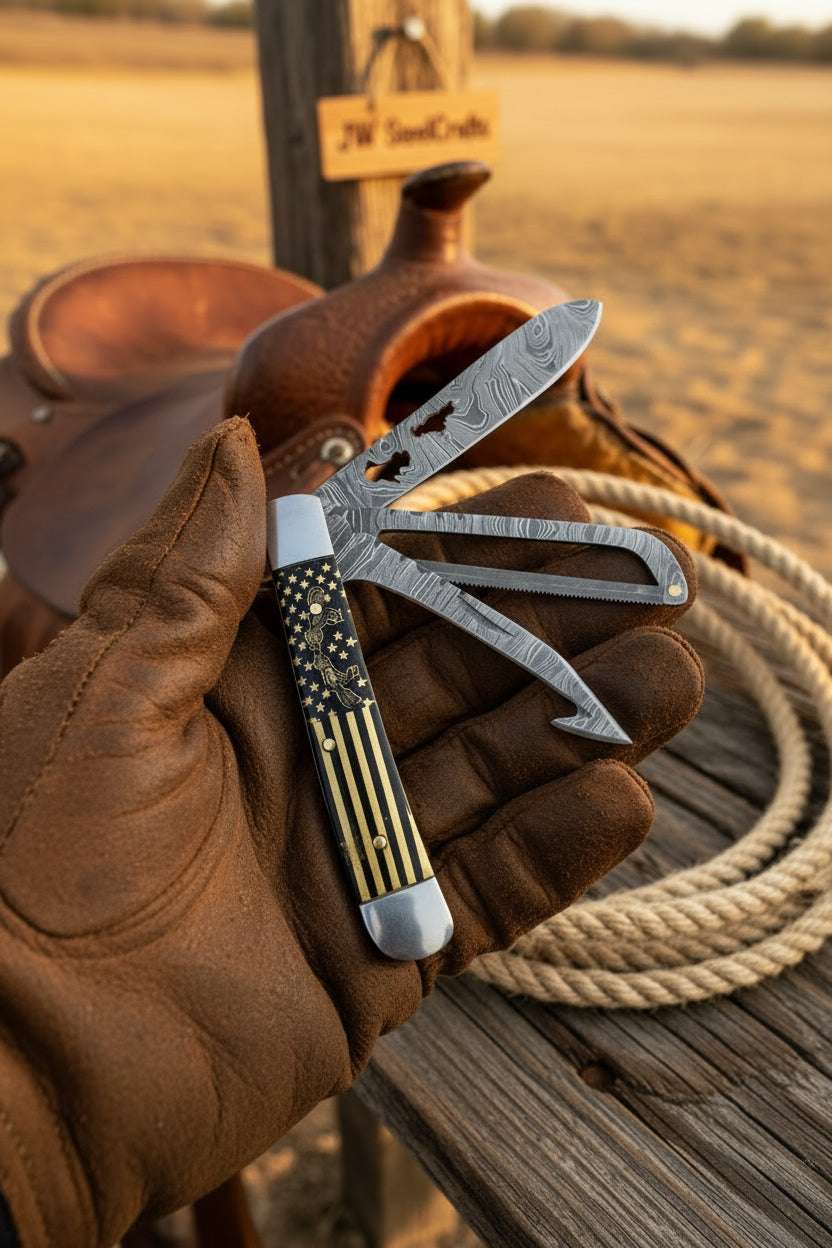 Palmarius Outdoors Stars and Stripes Trapper Folding Jack Knife 7" Handmade Damascus with Resin Handle Trapper Knives