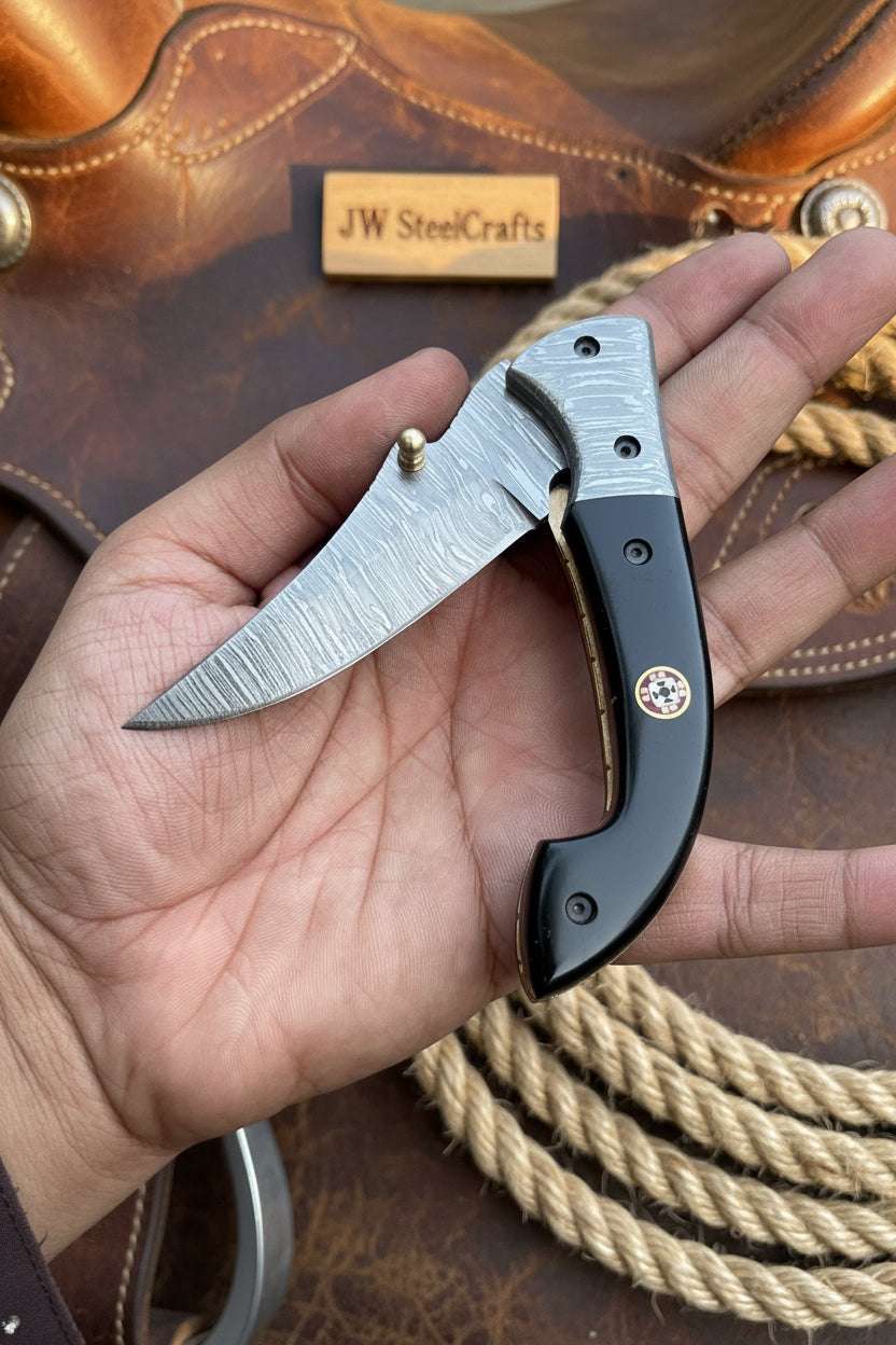 Palmarius Outdoors Darkridge Talon Folder Knife 8" Handmade Damascus Steel Hawkbill Blade Folding Knife