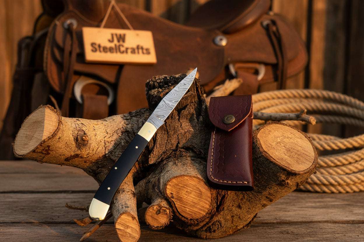 Palmarius Outdoors Executive Slipjoint Damascus Folder with Black Resin Handle Folding Knife