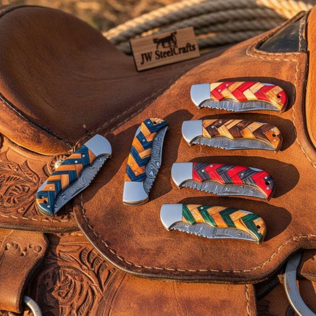 Palmarius Outdoors Wovencord Pocket Knife Set 8.5" Handmade Set of 5 Damascus Steel Blades Folding Knife