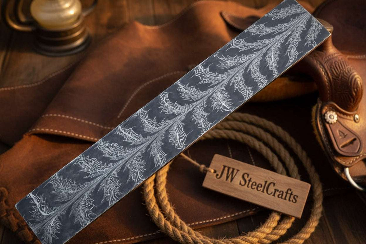 Palmarius Outdoors Frostleaf Damascus Billet 14" Handmade Feather Leaf Pattern Bullet bar