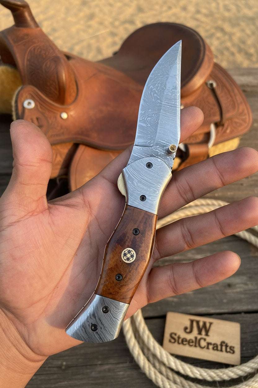 Palmarius Outdoors Dusty Trail Pocket Knife 7" Handmade Damascus Steel Folding Knife | JW Steelcrafts Folding Knife