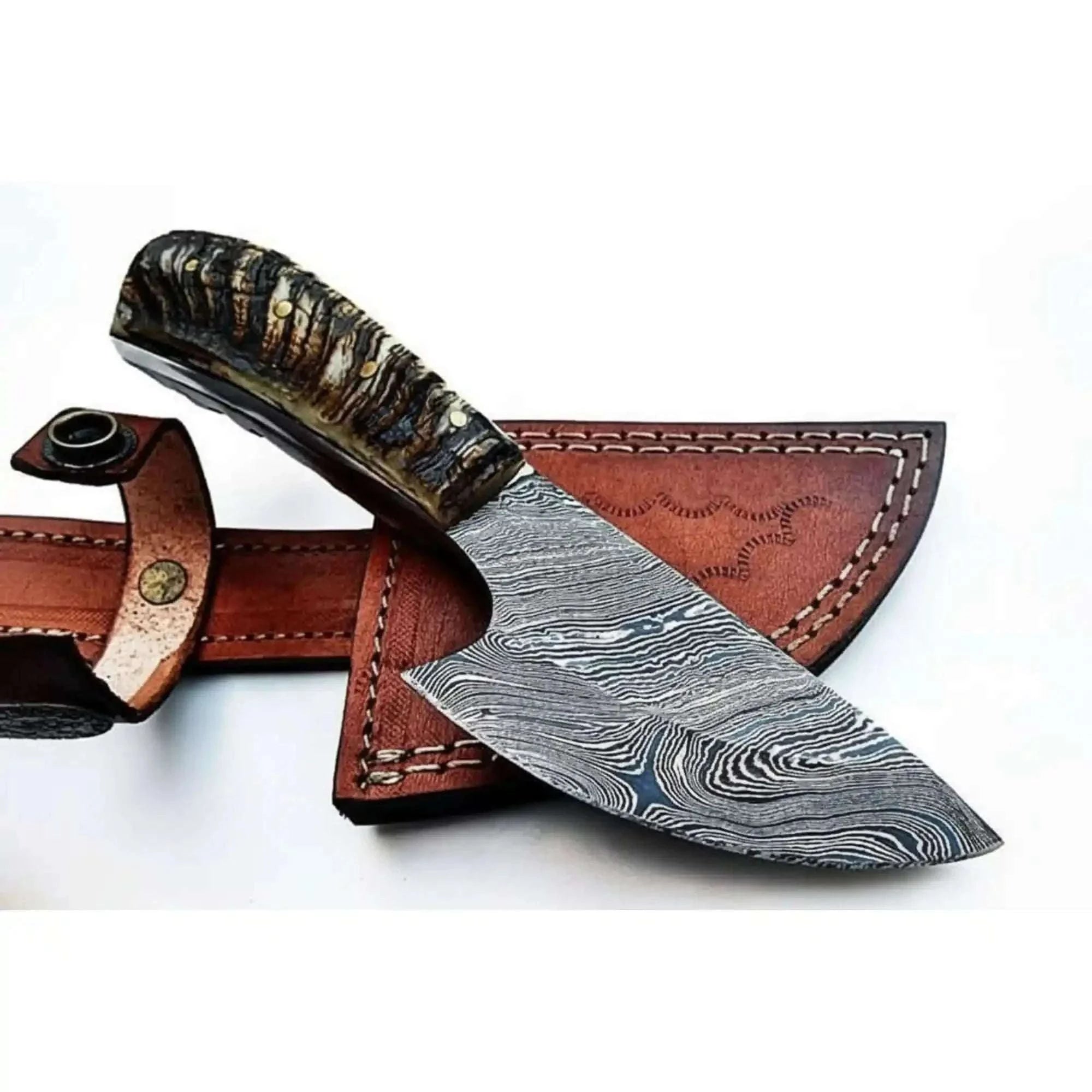 Palmarius Outdoors 6 Inch Damascus Steel Skinner Knife with Ram Horn Handle and Leather Sheath Skinner Knife