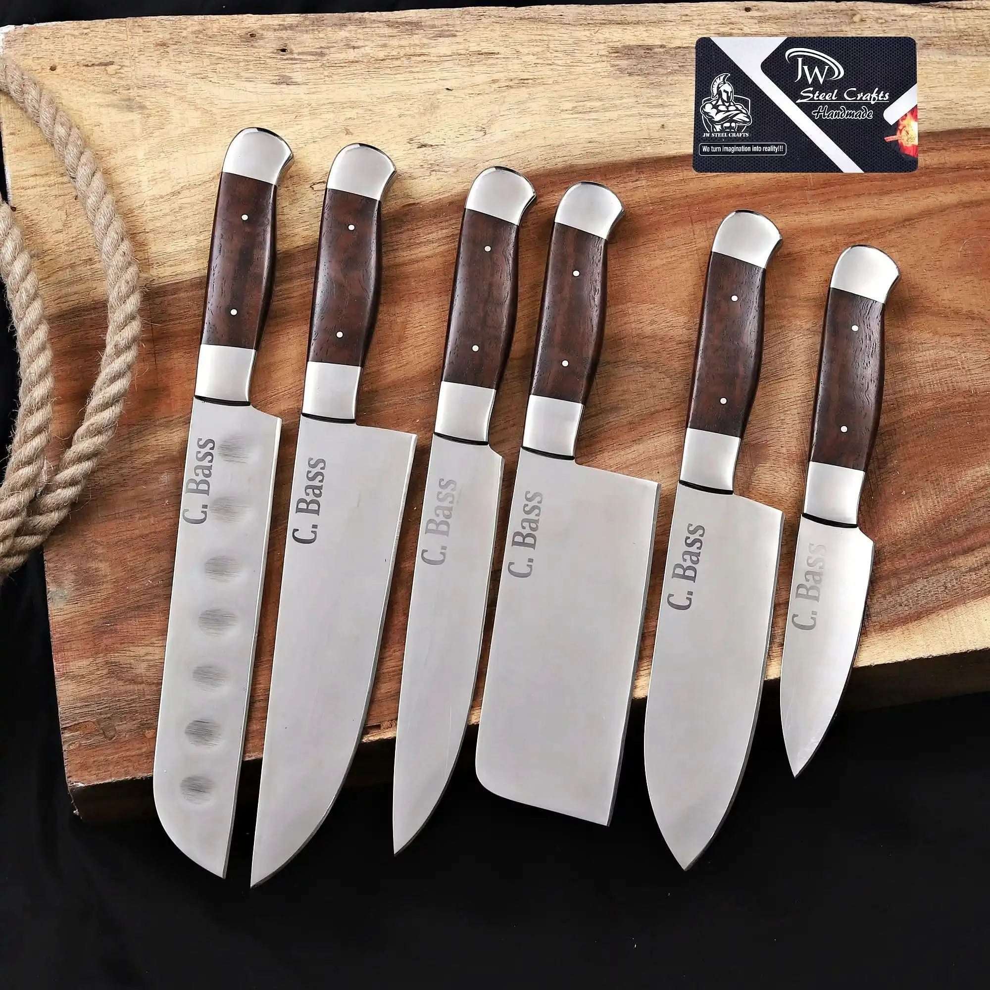 Palmarius Outdoors 6-Piece High Carbon Steel Kitchen Knife Set with Leather Roll — Olive Wood Handles, Steel Bolsters, 7 to 12 Inc Handmade Chef Knife Sets