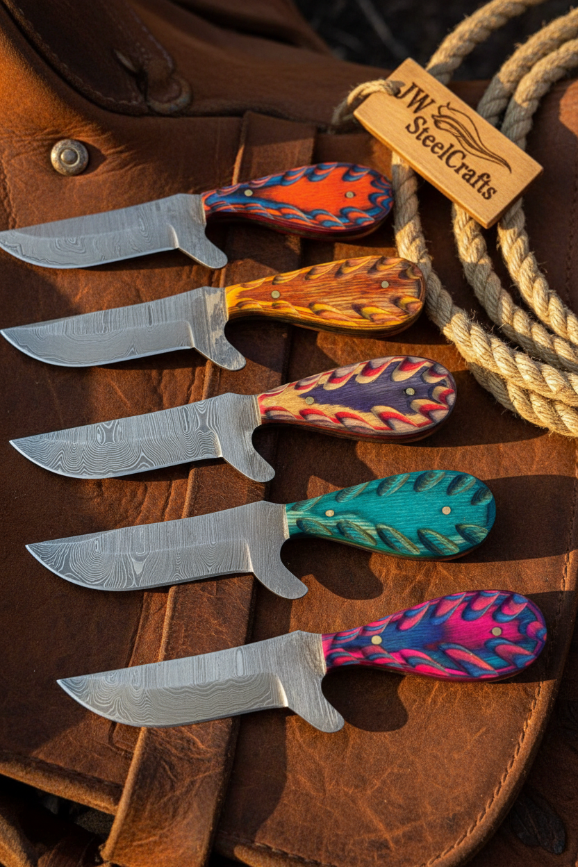 Palmarius Outdoors Saddle Point Cowboy Knife Set of 5 Handmade Damascus Wood Grain Resin Handle cowboy knives