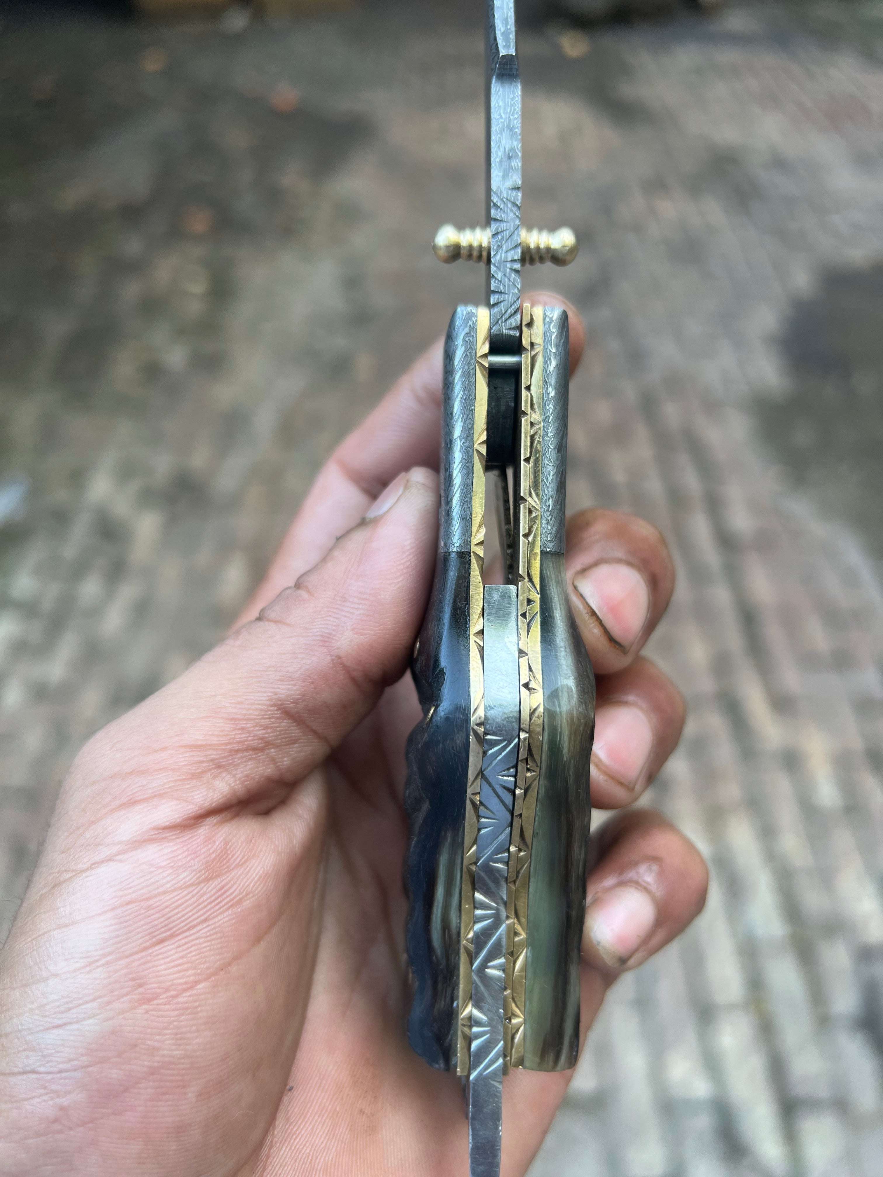Palmarius Outdoors Pearlridge Damascus Folder 7" Handmade Mother of Pearl Lock Back Back Lock Folder