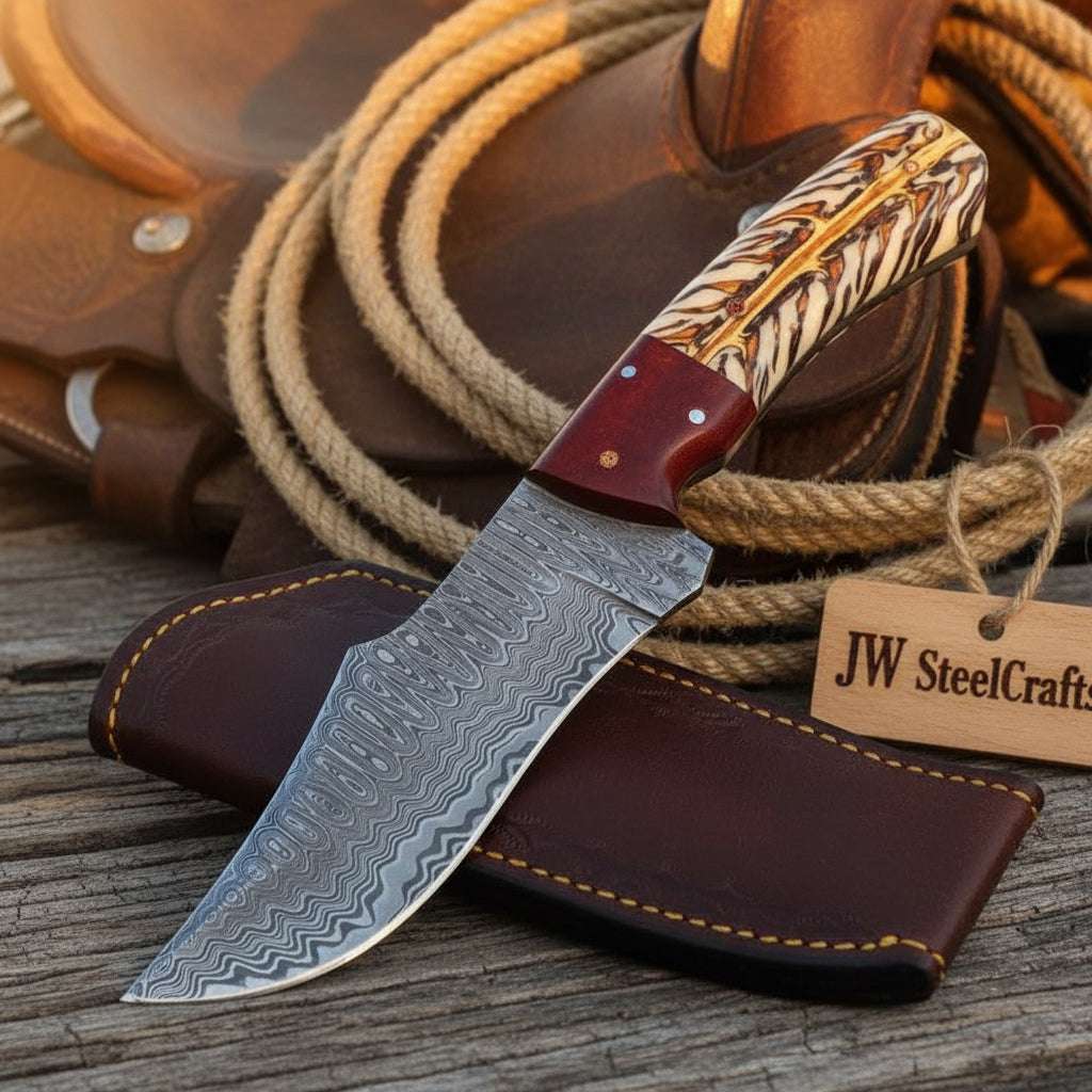 Palmarius Outdoors Campfire Drop Point Blade 10" Handmade Damascus Feather Engraved Hunting Knife