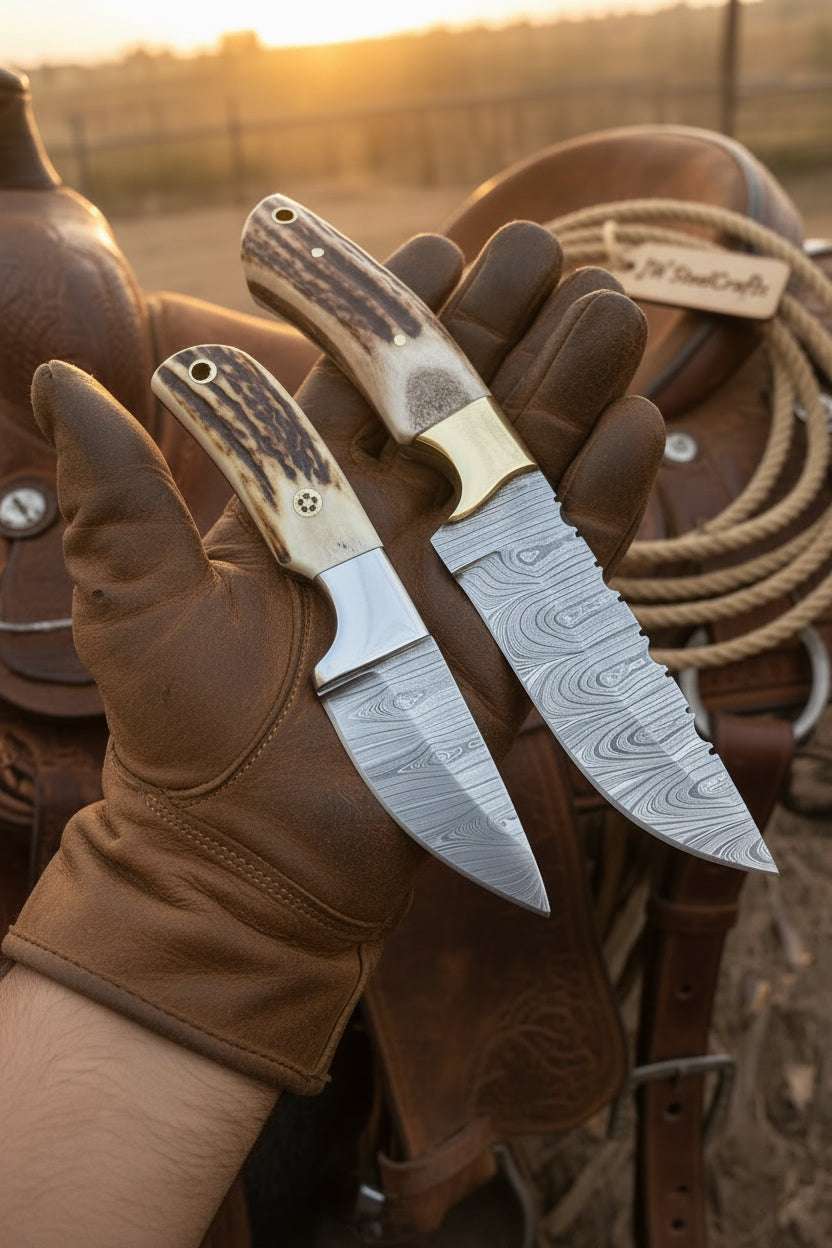 Palmarius Outdoors Twin Antler Hunter Knife Set of 2" Handmade Damascus Stag Horn Knife Pair Hunting Knife