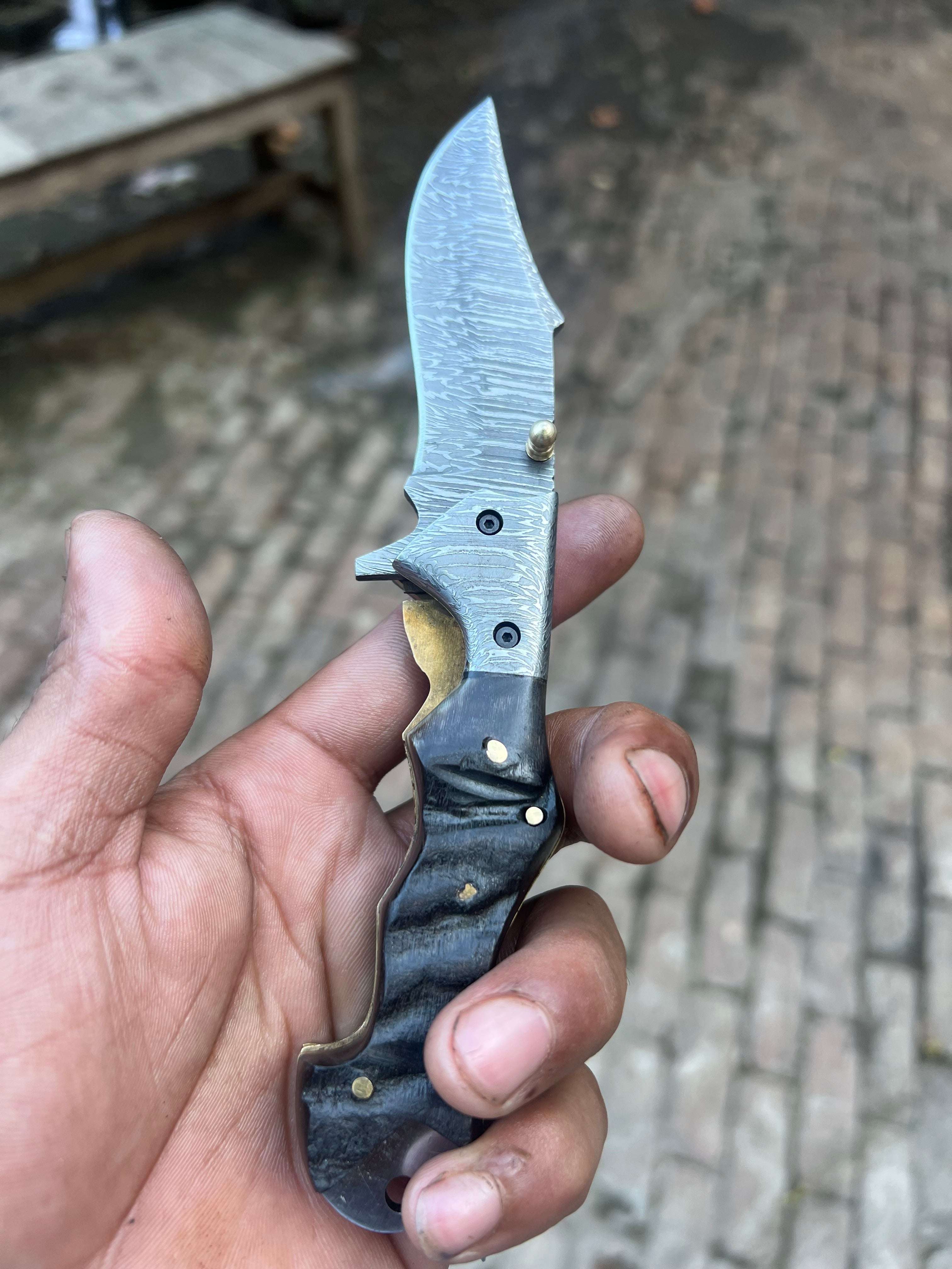 Palmarius Outdoors Grithorn Damascus Folder 7" Handmade Horn Handle Lock Back Mechanism Back Lock Folder