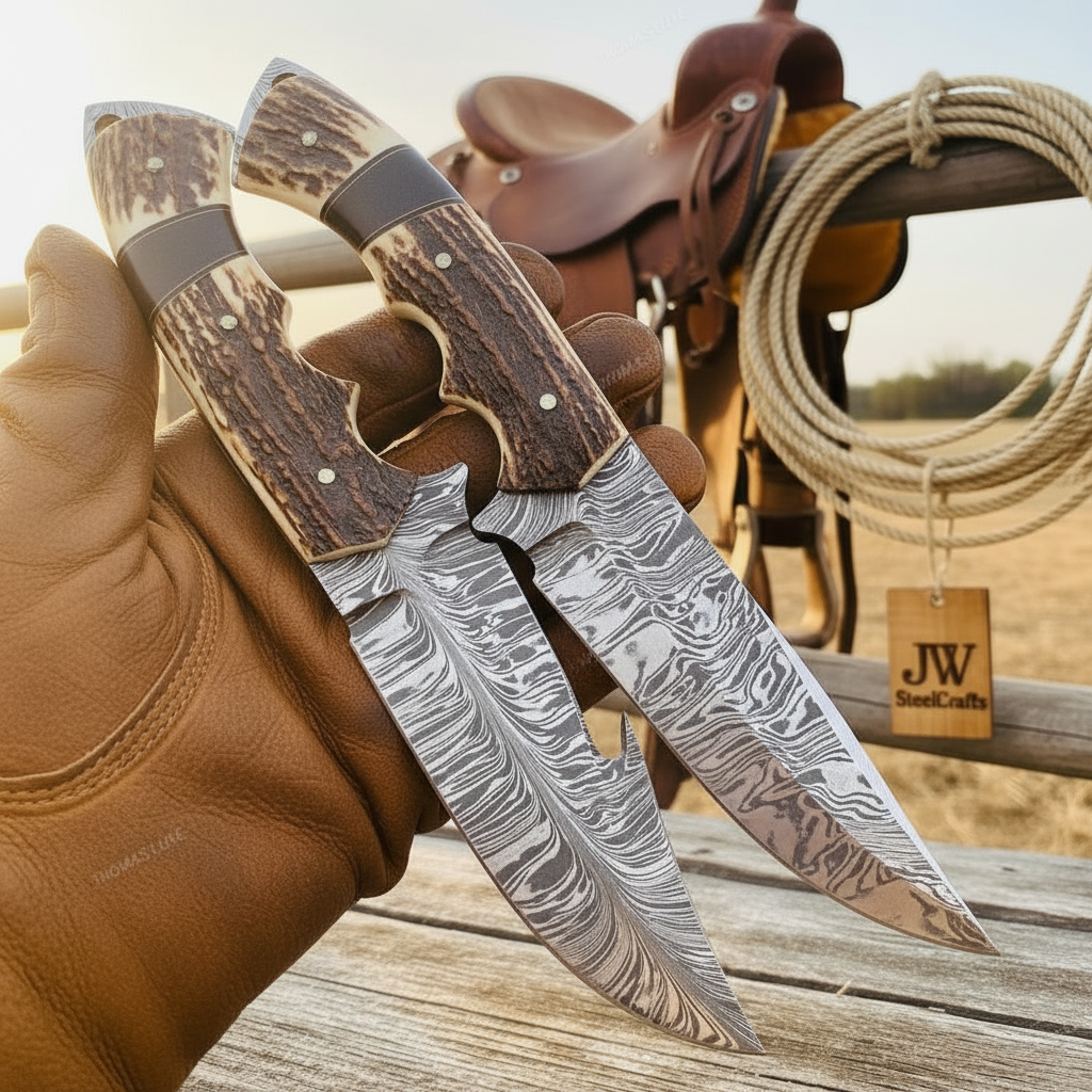Palmarius Outdoors Rangeland Skinner Knife Duo 11" Handmade Damascus Set of 2 Skinner Knife