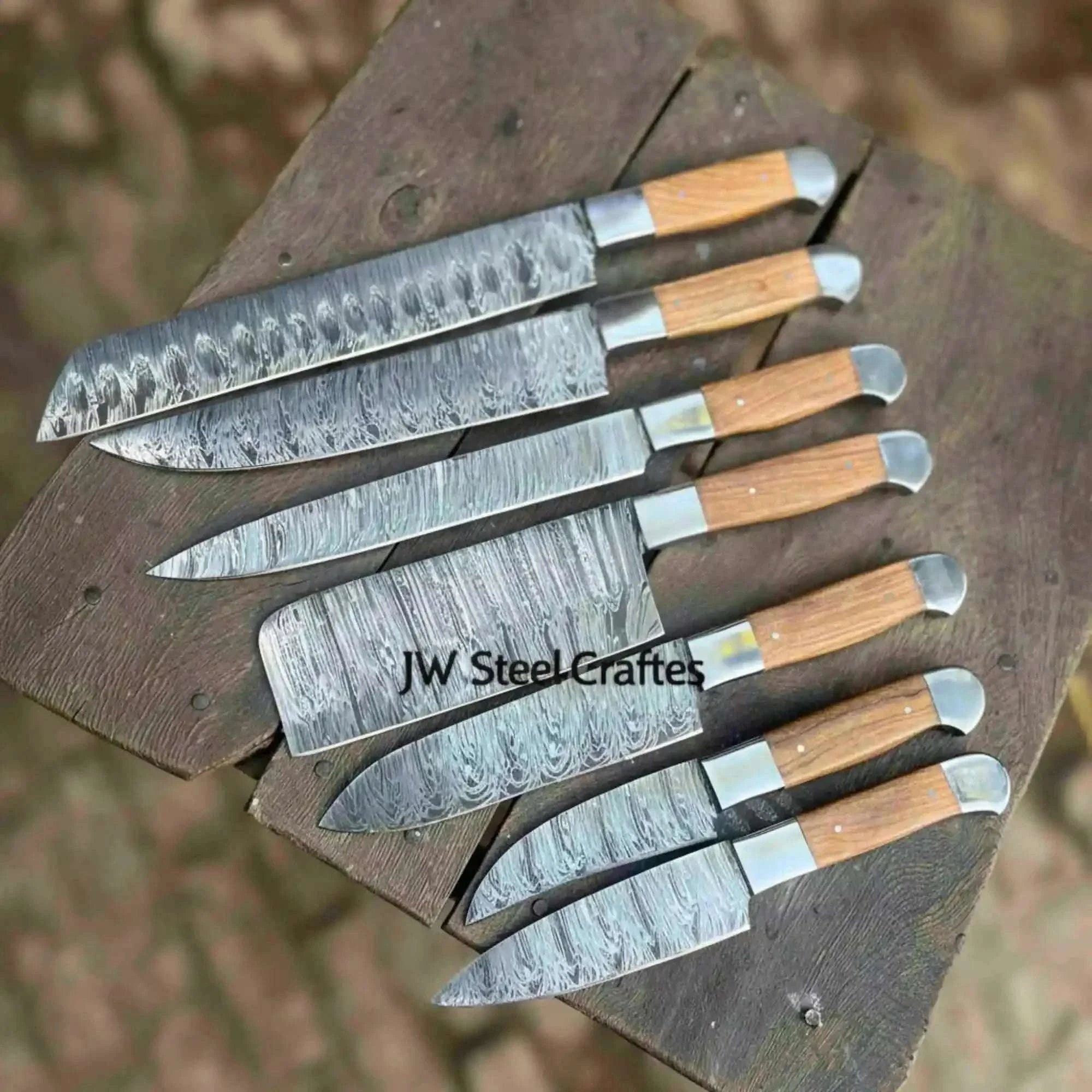Palmarius Outdoors Hand Forged 7-Piece Damascus Chef Knife Set — Natural Wood Handles Handmade Chef Knife Sets