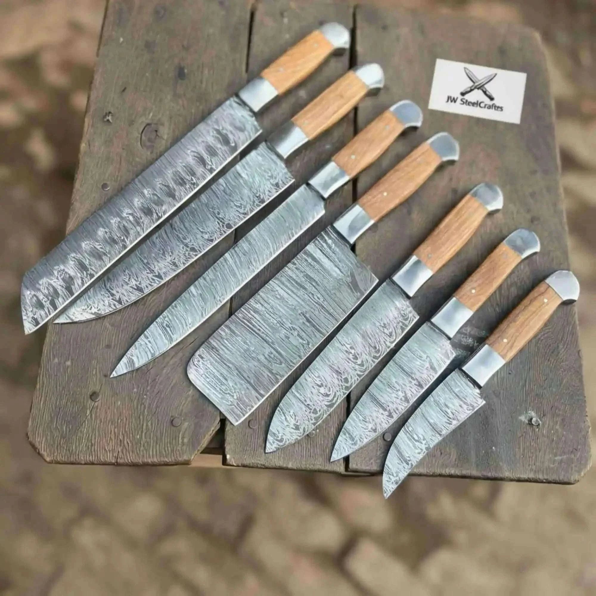 Palmarius Outdoors Hand Forged 7-Piece Damascus Chef Knife Set — Natural Wood Handles Handmade Chef Knife Sets