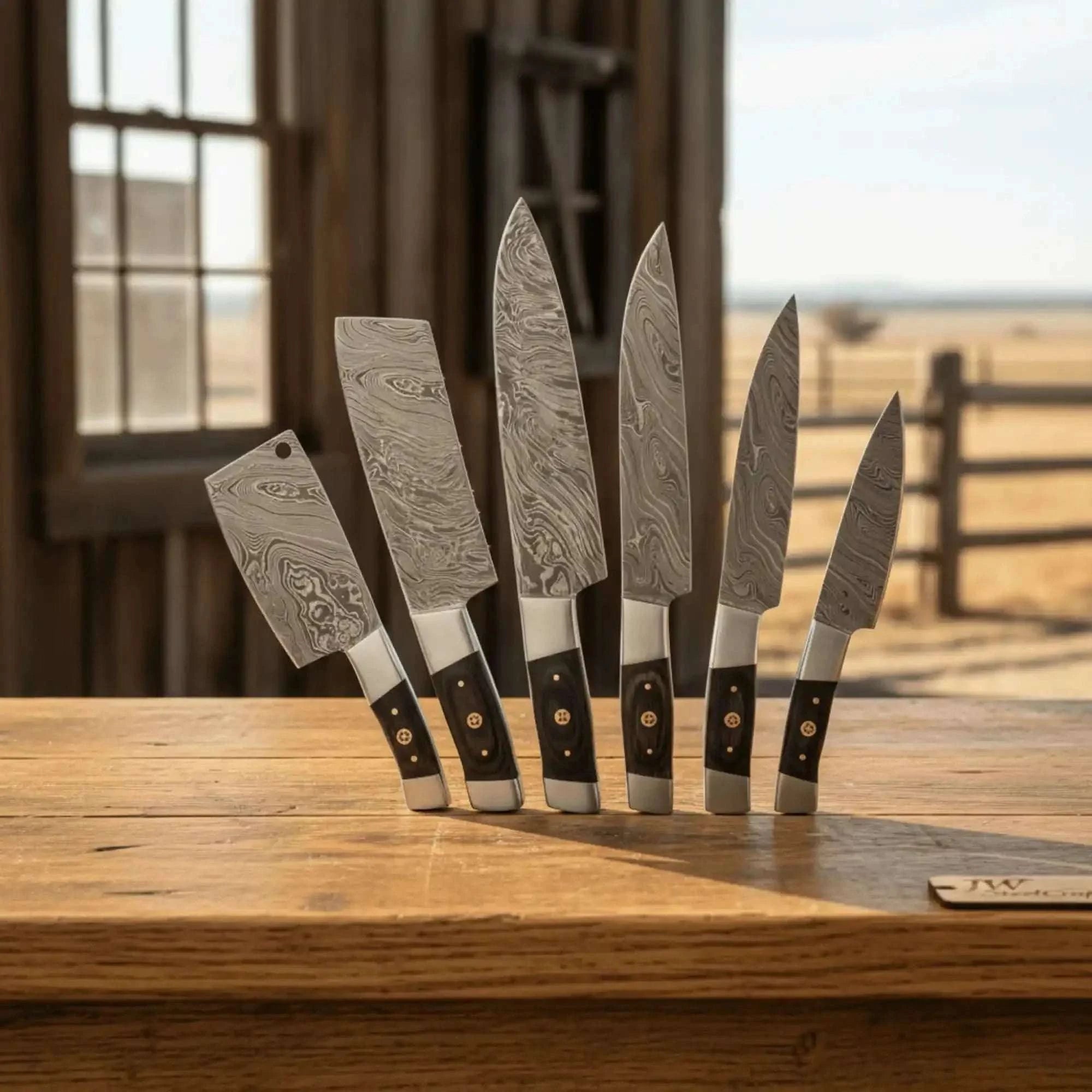 Palmarius Outdoors 7-Piece Damascus Kitchen Knife Set — Chef, Santoku, Nakiri, Cleaver, Slicing, Utility & Paring Handmade Chef Knife Sets