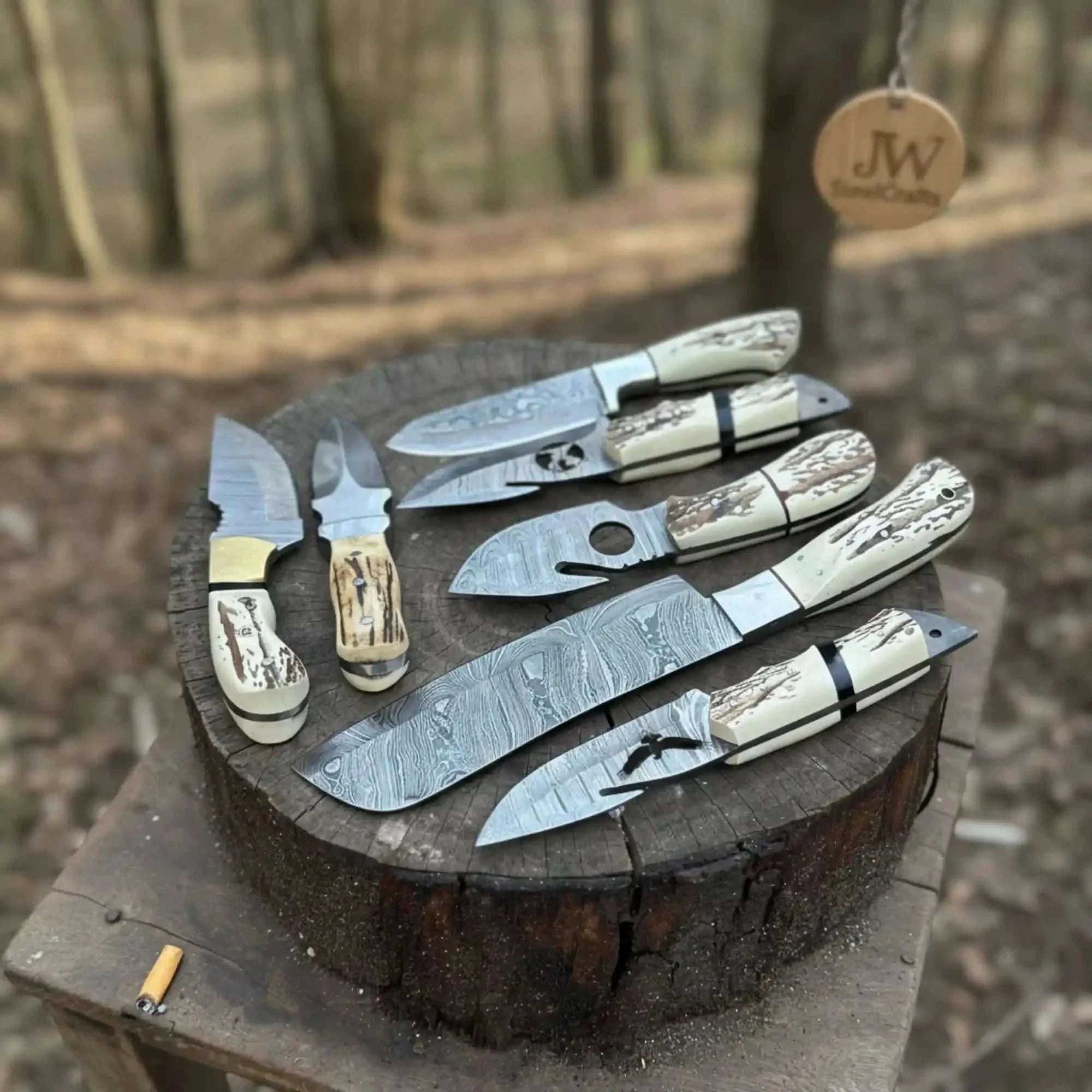 Palmarius Outdoors 7 Piece Damascus Steel Knife Set with Synthetic Antler Handles Damascus Steel Kitchen Knife Set