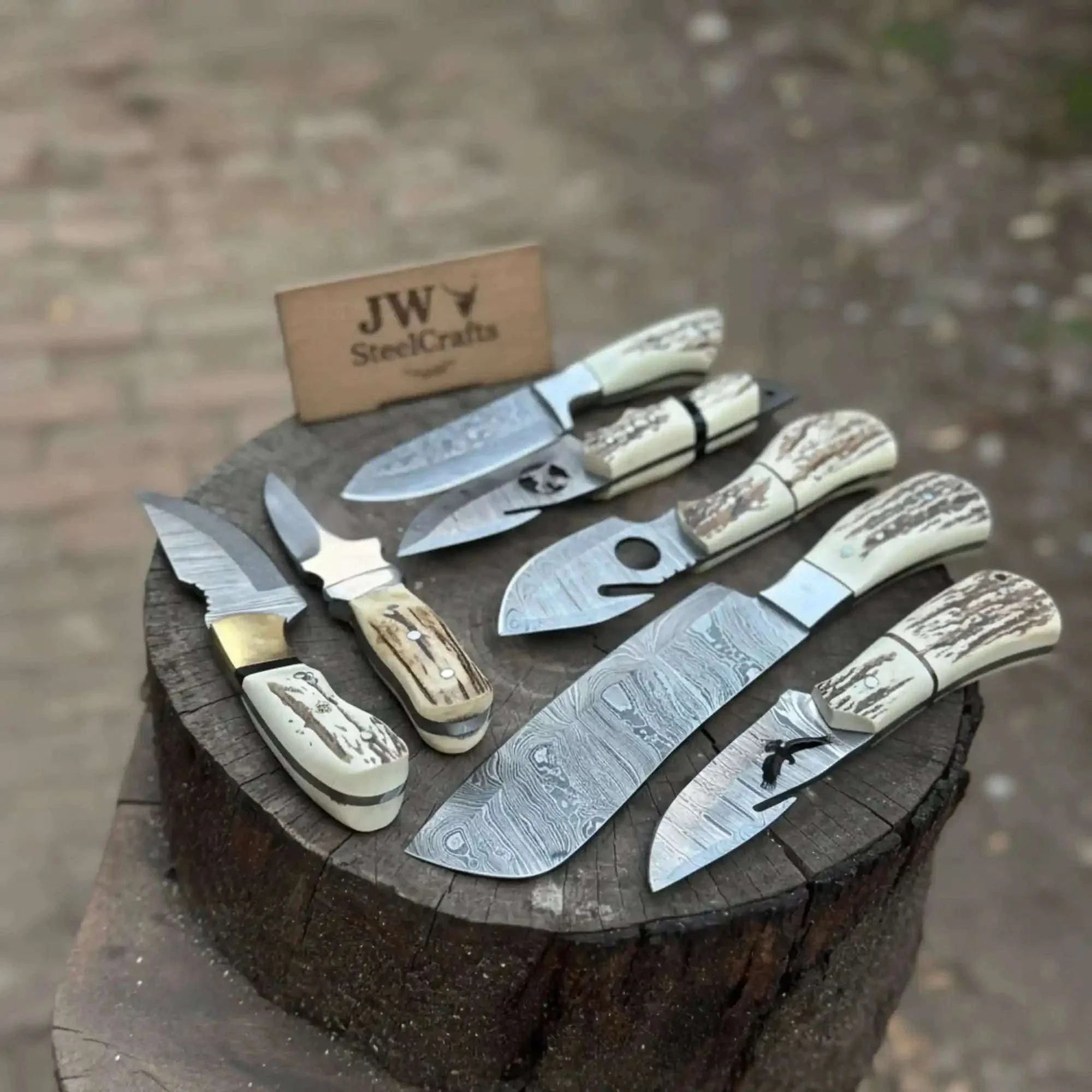 Palmarius Outdoors 7 Piece Damascus Steel Knife Set with Synthetic Antler Handles Damascus Steel Kitchen Knife Set