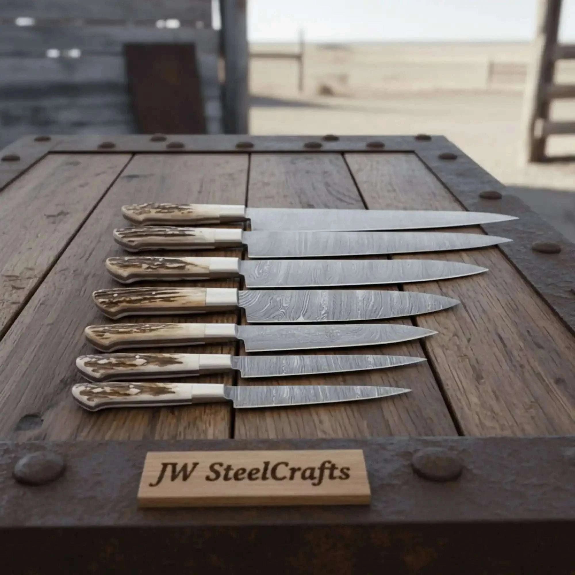 Palmarius Outdoors 7-Piece Damascus Kitchen Knife Set — Synthetic Stag Horn Handles, Brass Bolsters & Full Tang Forged Blades Handmade Chef Knife Sets