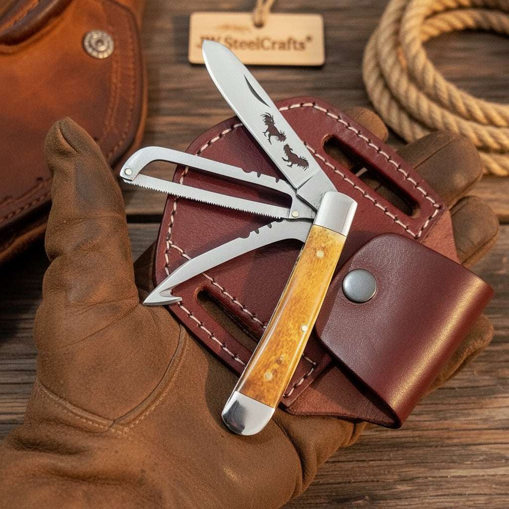 Palmarius Outdoors Amber Bronco Trail Trapper Folder Knife 7" Handmade High Carbon with Amber wood handle Trapper Knives
