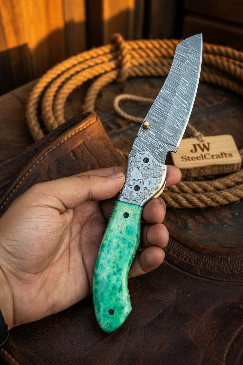 Palmarius Outdoors Jadeline Damascus Folder 7" Handmade Turquoise-Green Resin Handle Folding Knife