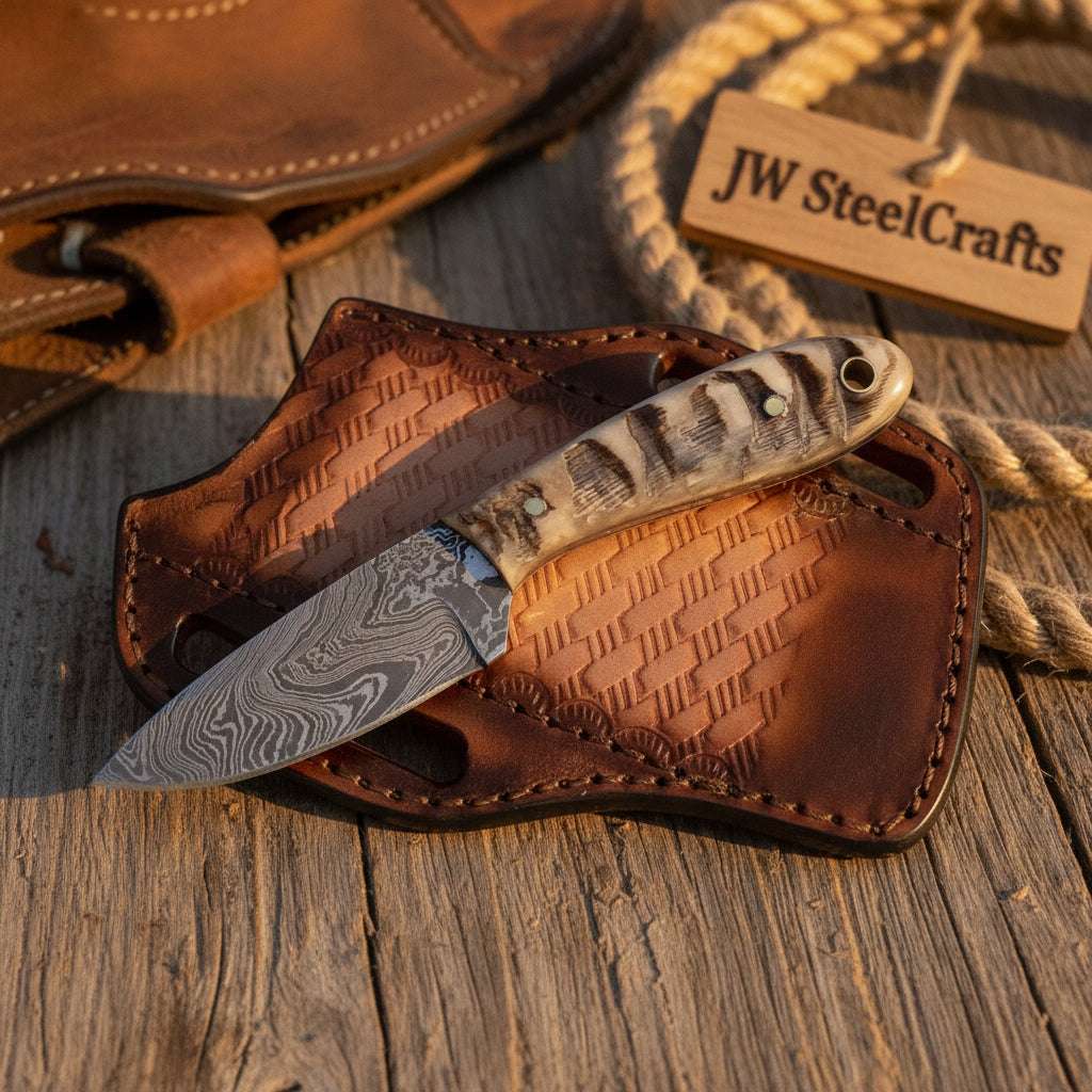 Palmarius Outdoors Timberwolf Stag Buckaroo Knife 7" Handmade Damascus Stag Horn 