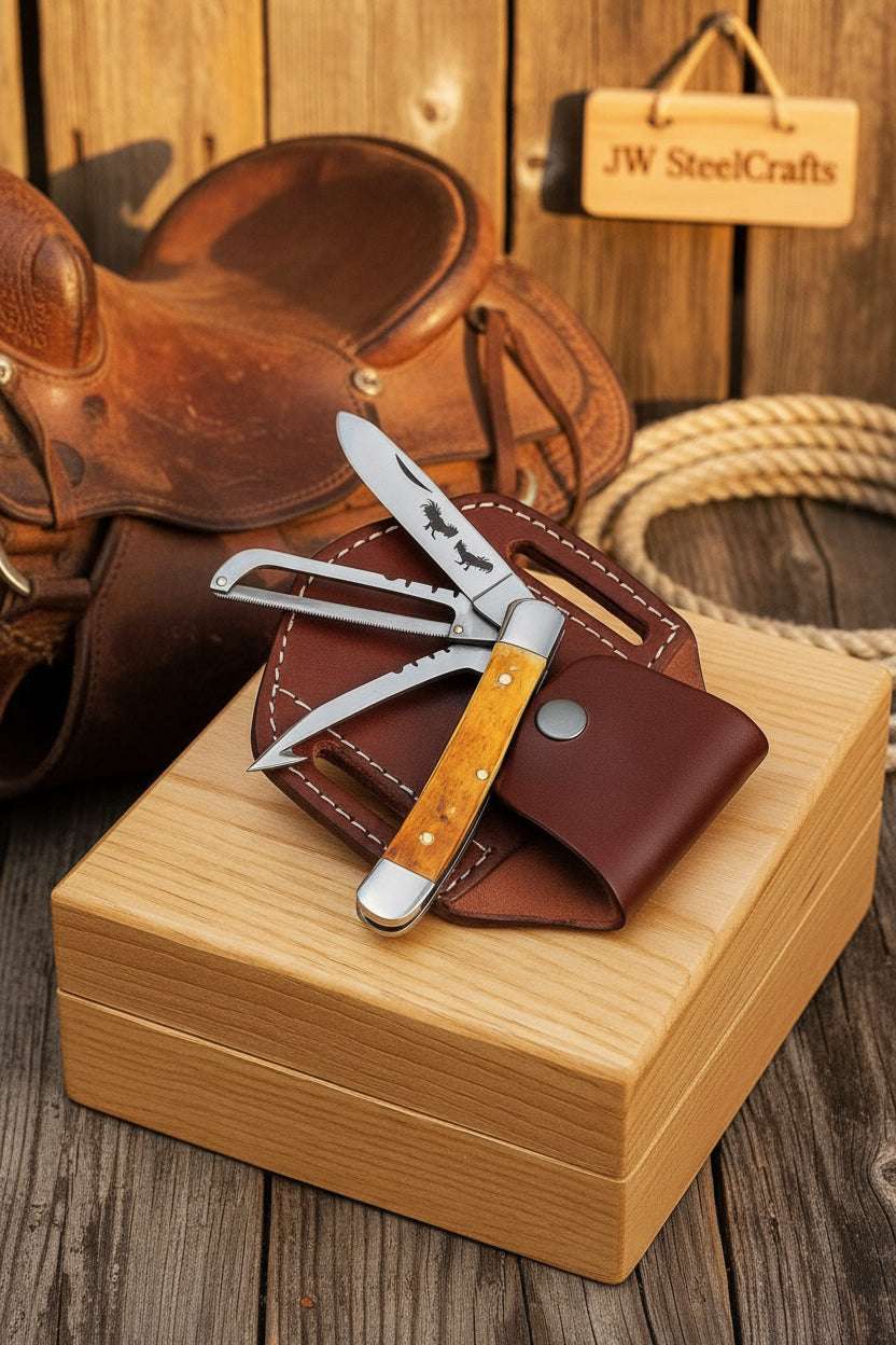 Palmarius Outdoors Amber Bronco Trail Trapper Folder Knife 7" Handmade High Carbon with Amber wood handle Trapper Knives