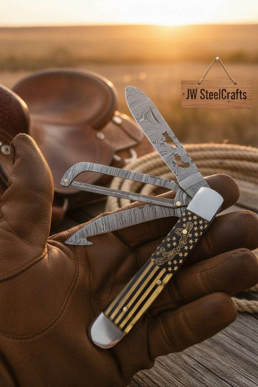 Palmarius Outdoors Stars and Stripes Trapper Folding Jack Knife 7" Handmade Damascus with Resin Handle Trapper Knives